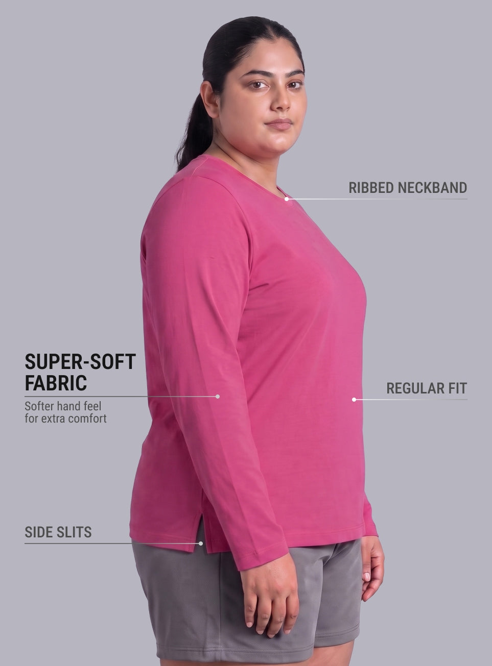 Women's Pink Full sleeve Plus Size T-shirt