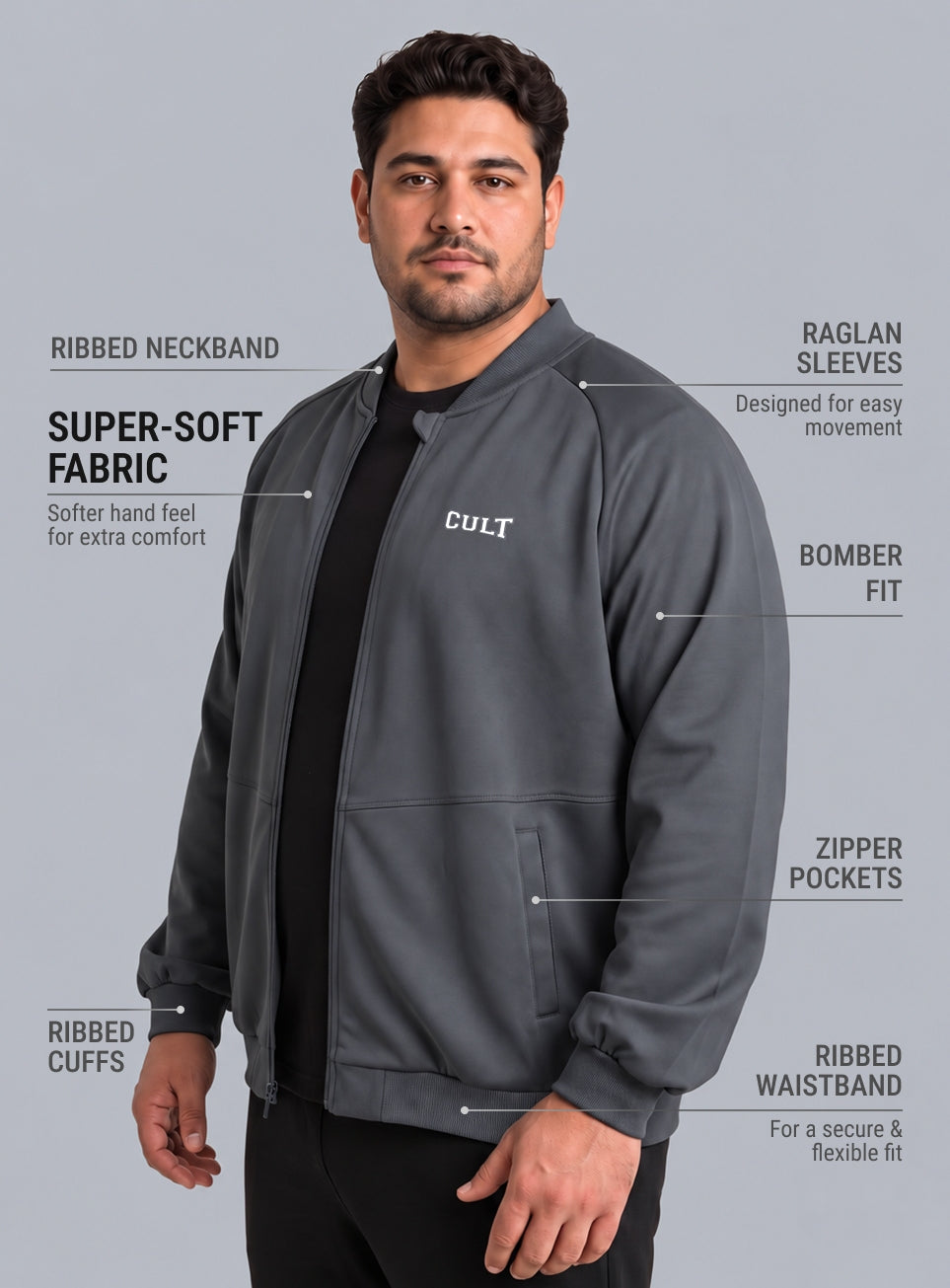 Men's Dark Grey Training Plus Size Bomber Jacket