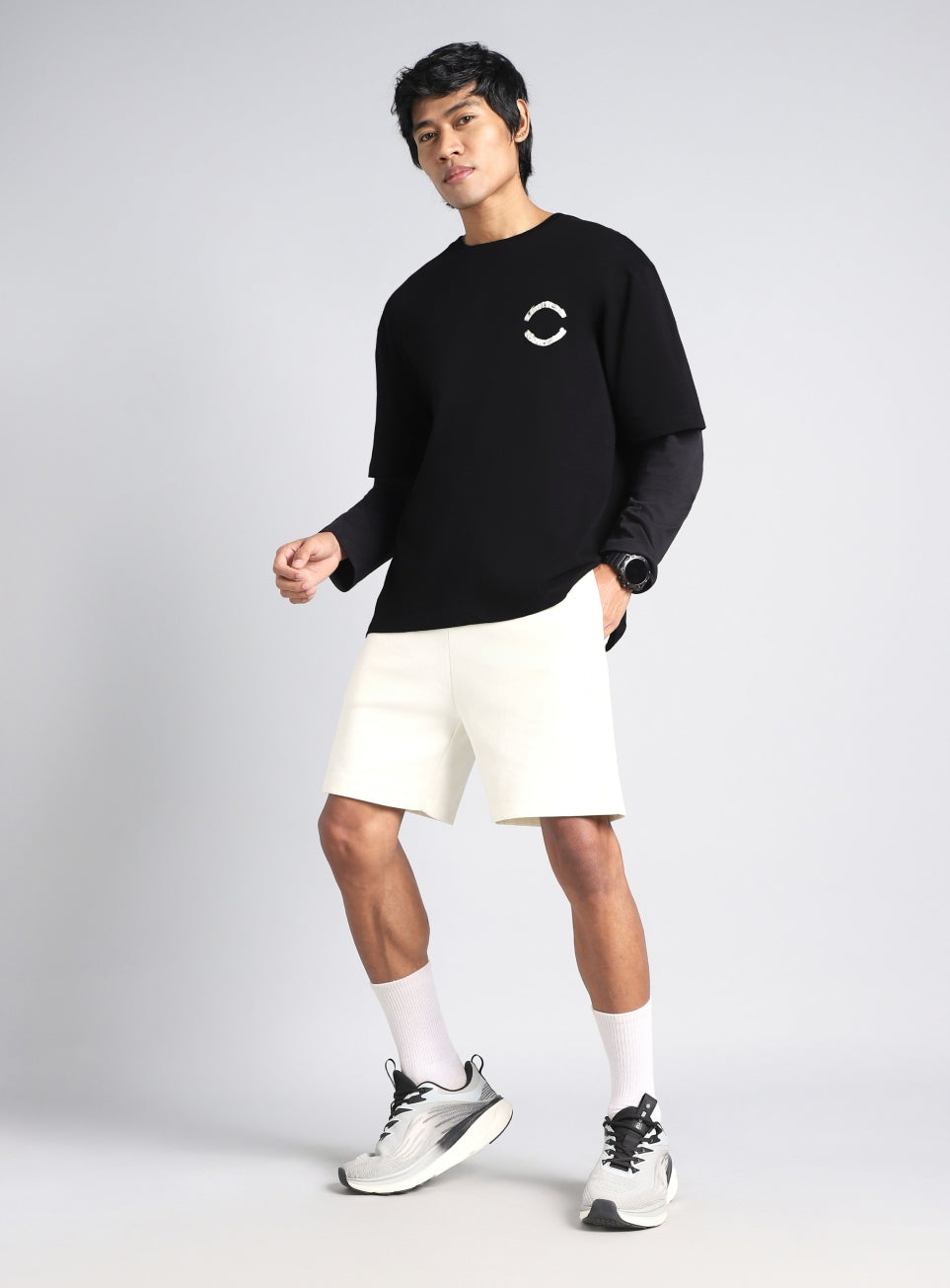 Men's Black Sporty Sporty Layered Sleeve T-shirt