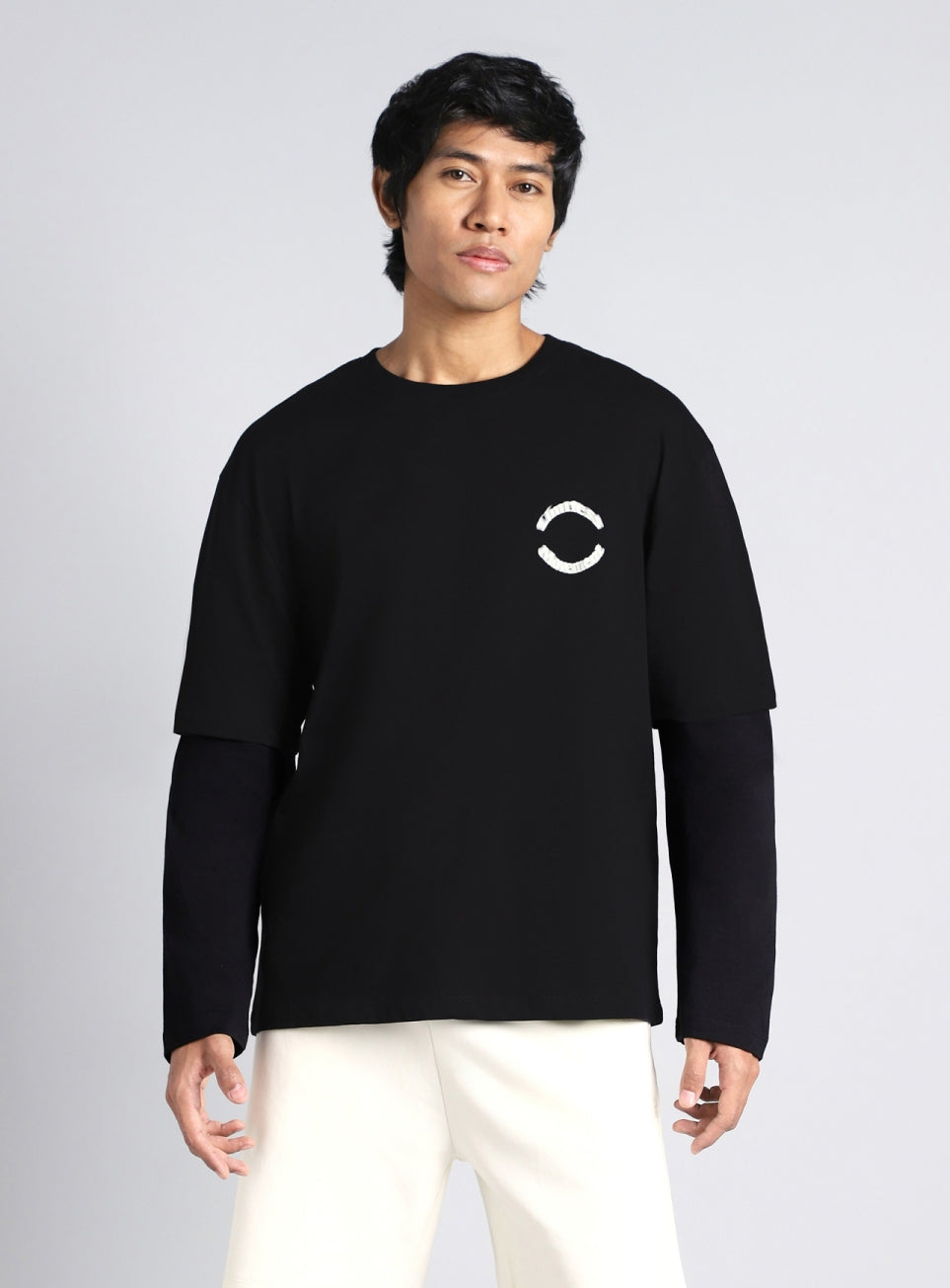 Men's Black Sporty Sporty Layered Sleeve T-shirt