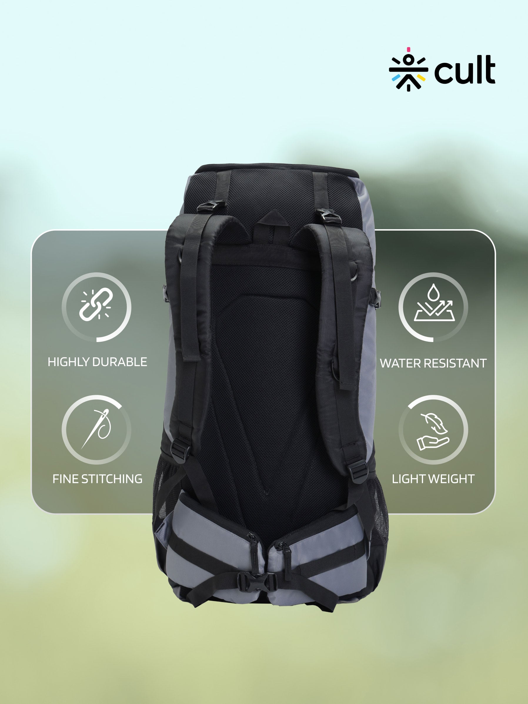 cult 65 Litre Travel Backpack Hiking Trekking Bag Camping Rucksack with Water Proof Rain Cover, Shoe Compartment Grey&nbsp;