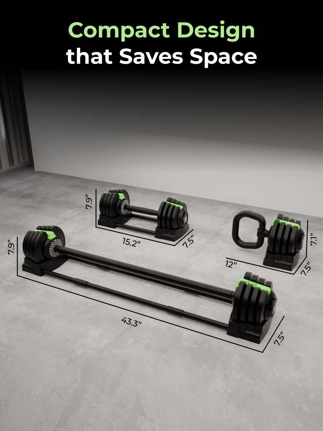 Cult 3in1 Adjustable Dumbbell (1.5-18kg), Kettlebell (1-10kg), Barbell (2-19kg) | All-in-One Compact Home Gym Equipment - Black