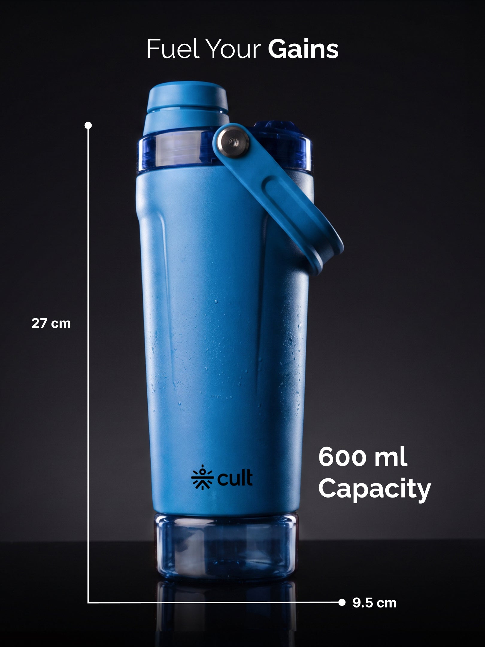 CULT Stainless Steel Gym Shaker 600ml | Leakproof Protein Mixer Bottle with Storage Container & Secure Lock Lid for Fitness & Travel (Royal Blue)