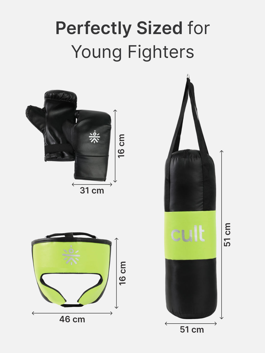 cult Kids Boxing Kit - Punching bag, Boxing Gloves and Head gear Green