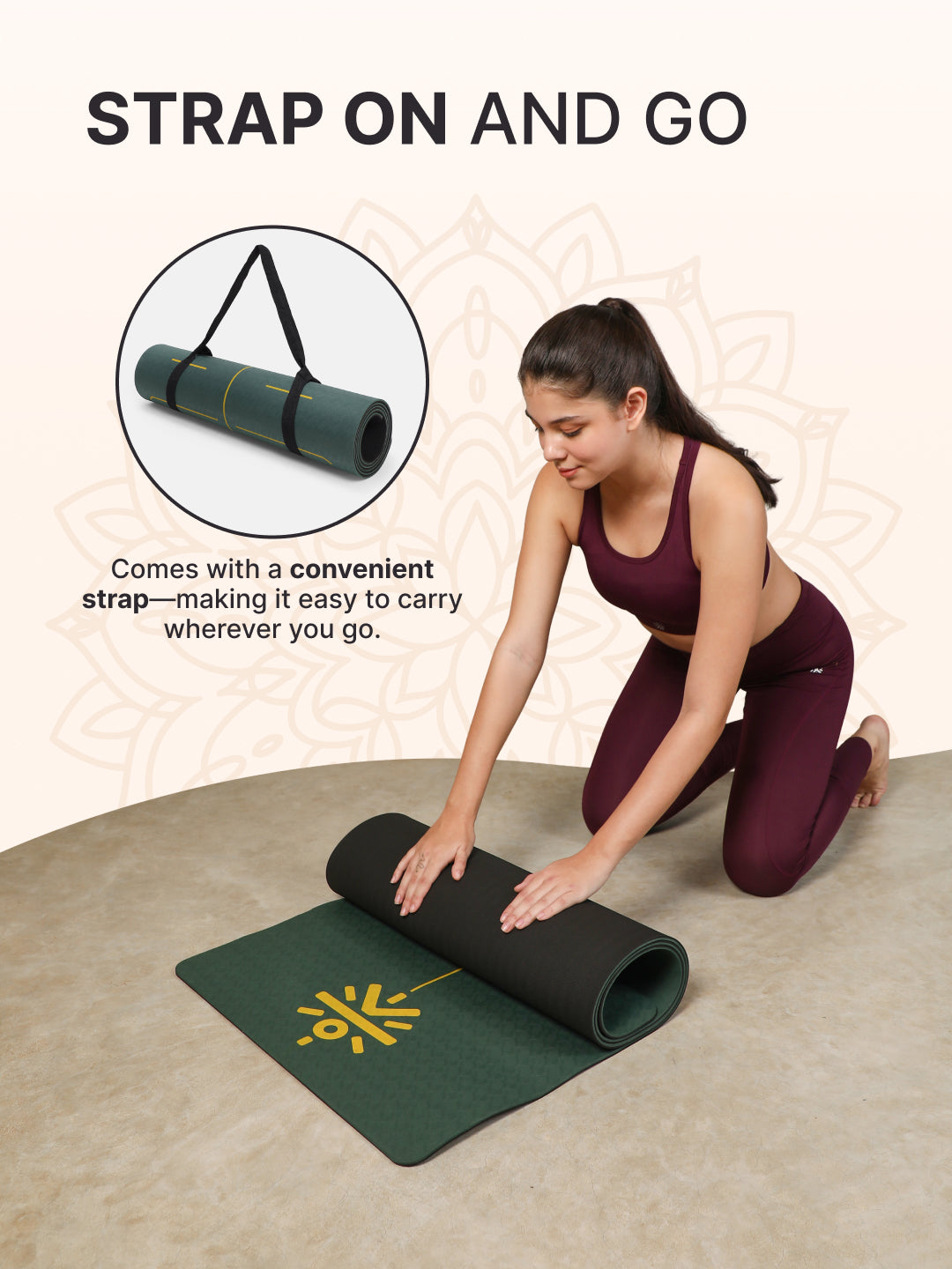 TPE Alignment 6mm Yoga Mat Green with Carry Strap & Yoga Wheel Green