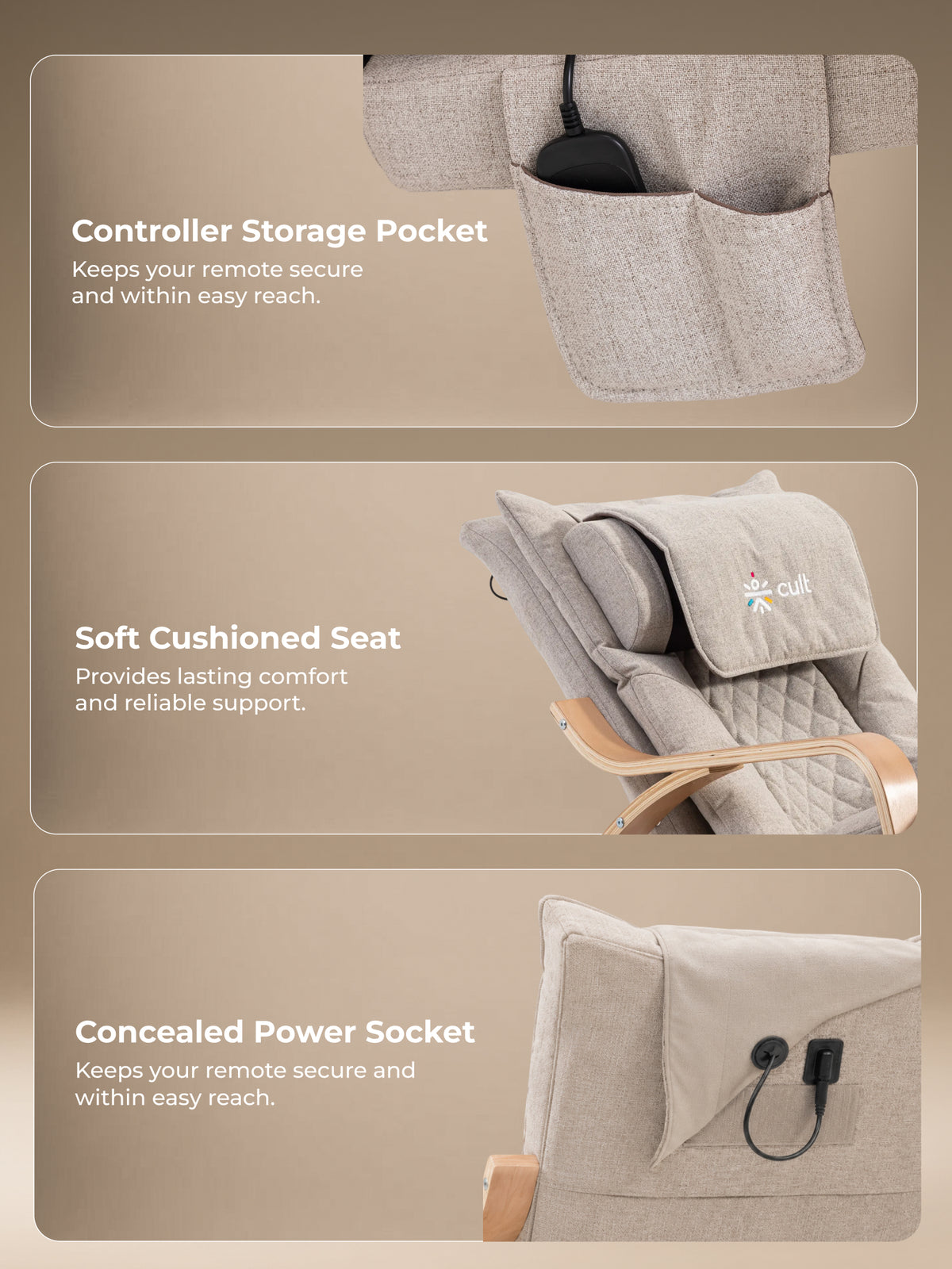 Cult Rocking Recliner Massage Chair | 2-in-1 Massage & Rocking Chair | S-Track Full Body Massage | 135° Recline | 5-Level Adjustable Leg Rest | Waist Heating | Remote Control | Vibration Massage