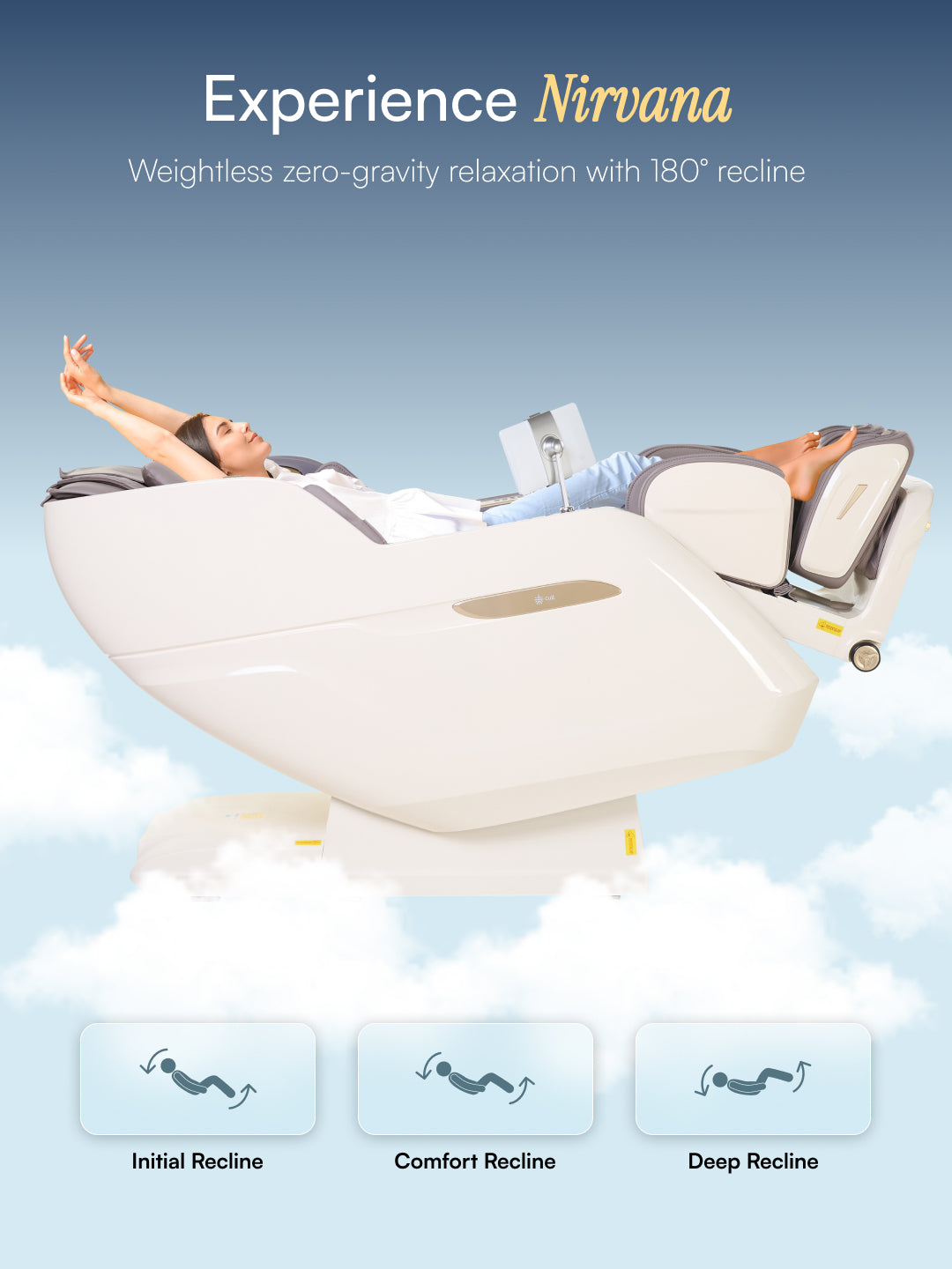 Cult Nirvana Advanced 4D Massage Chair with Leg Massager | Extended SL Track | 22 Auto Programs | Waist Heating | Zero-Gravity | AI Voice Control (Beige & White) - (6 Months extended Warranty)