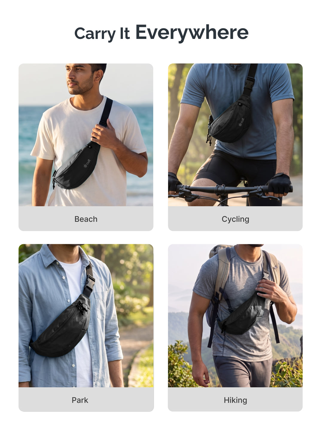Cult Waist Bag for Men & Women, Compact Fanny Pack with Dual Compartments, Adjustable Strap, Water-Repellent Travel, Running & Everyday Carry Bag – Black