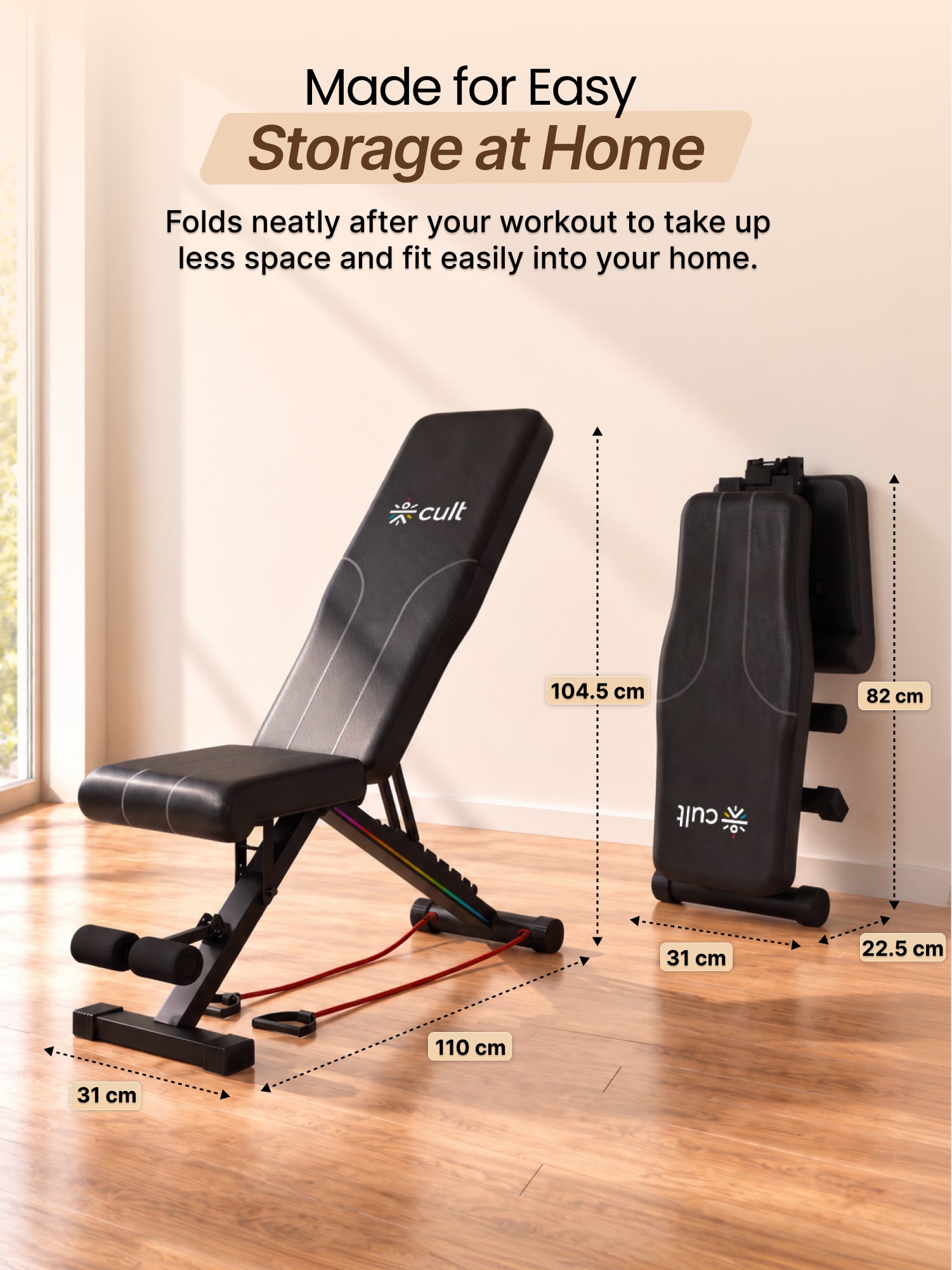 Cult StrivoFold Strength Training Foldable & Adjustable Bench | 7-Level Incline & 4-Level Decline | 350 kg Max Load Capacity | 3 Resistance Bands | Perfect for Home Workout