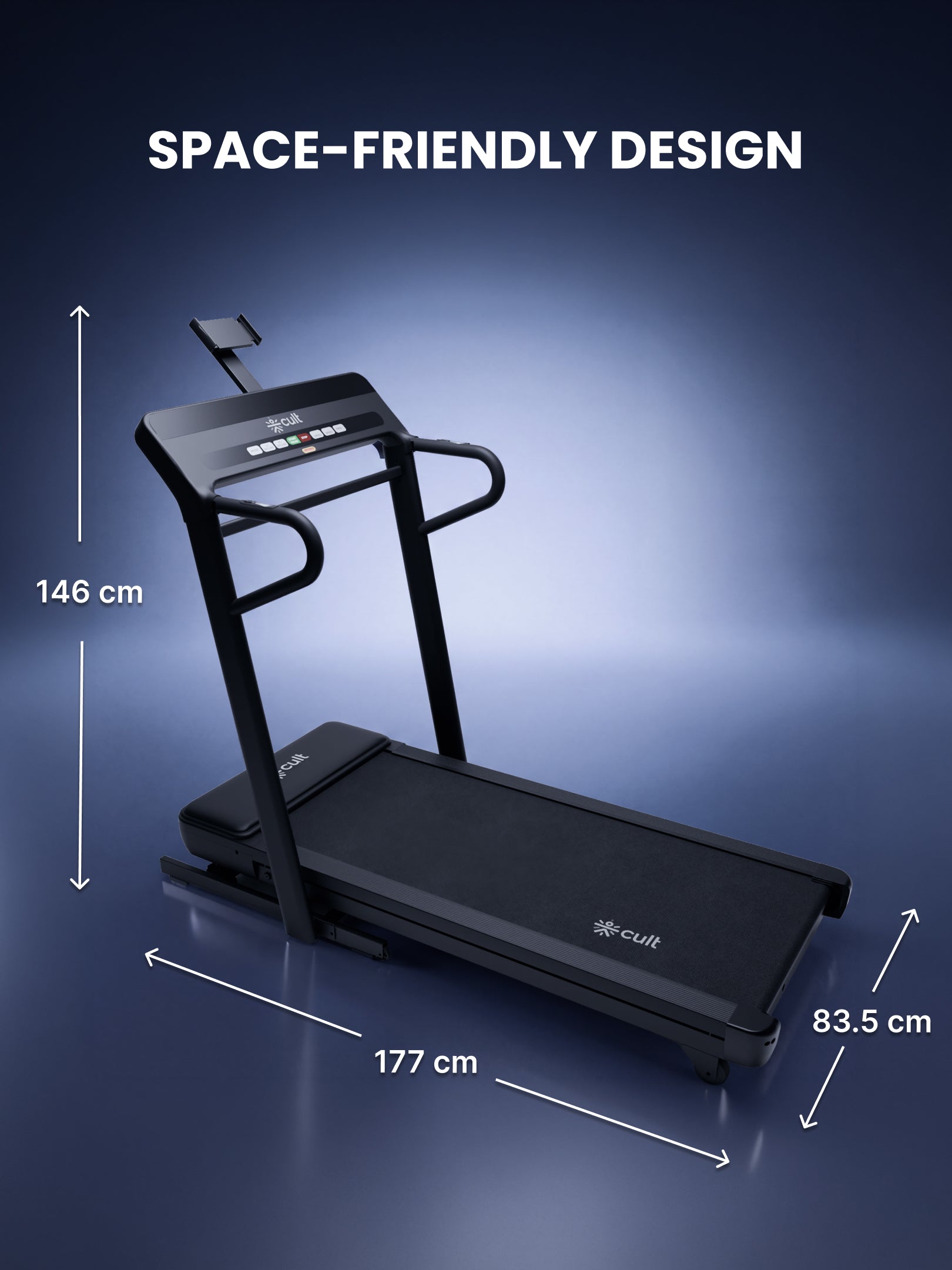 Cult Aptum 7 HP BLDC Motorized Treadmill | 10 Levels Incline & 3 Level Decline | Max Speed - 20 km/hr | Max Weight – 140 kgs | Shock Absorbers for Knee Protection | One-Button Power Folding (Black)