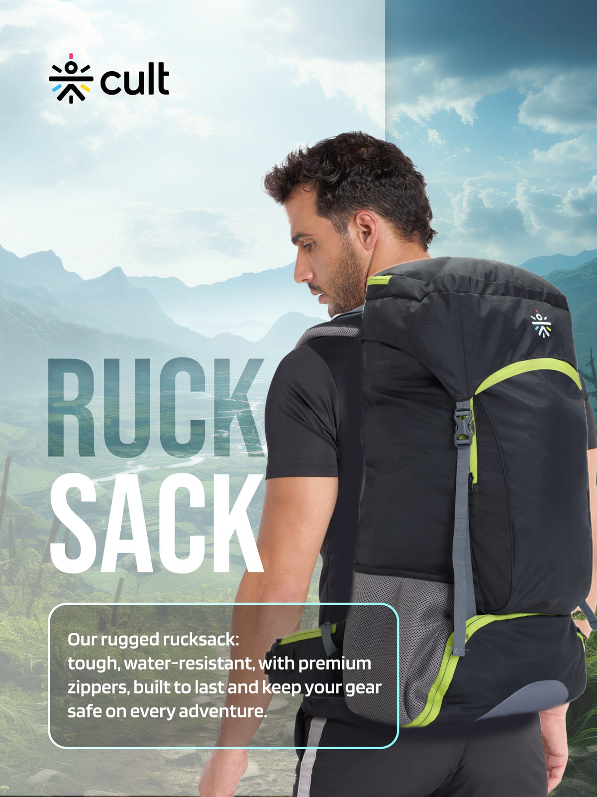 cult 55 Litre Standard Backpack Daypack Bag For Camping Hiking Trekking Black Green