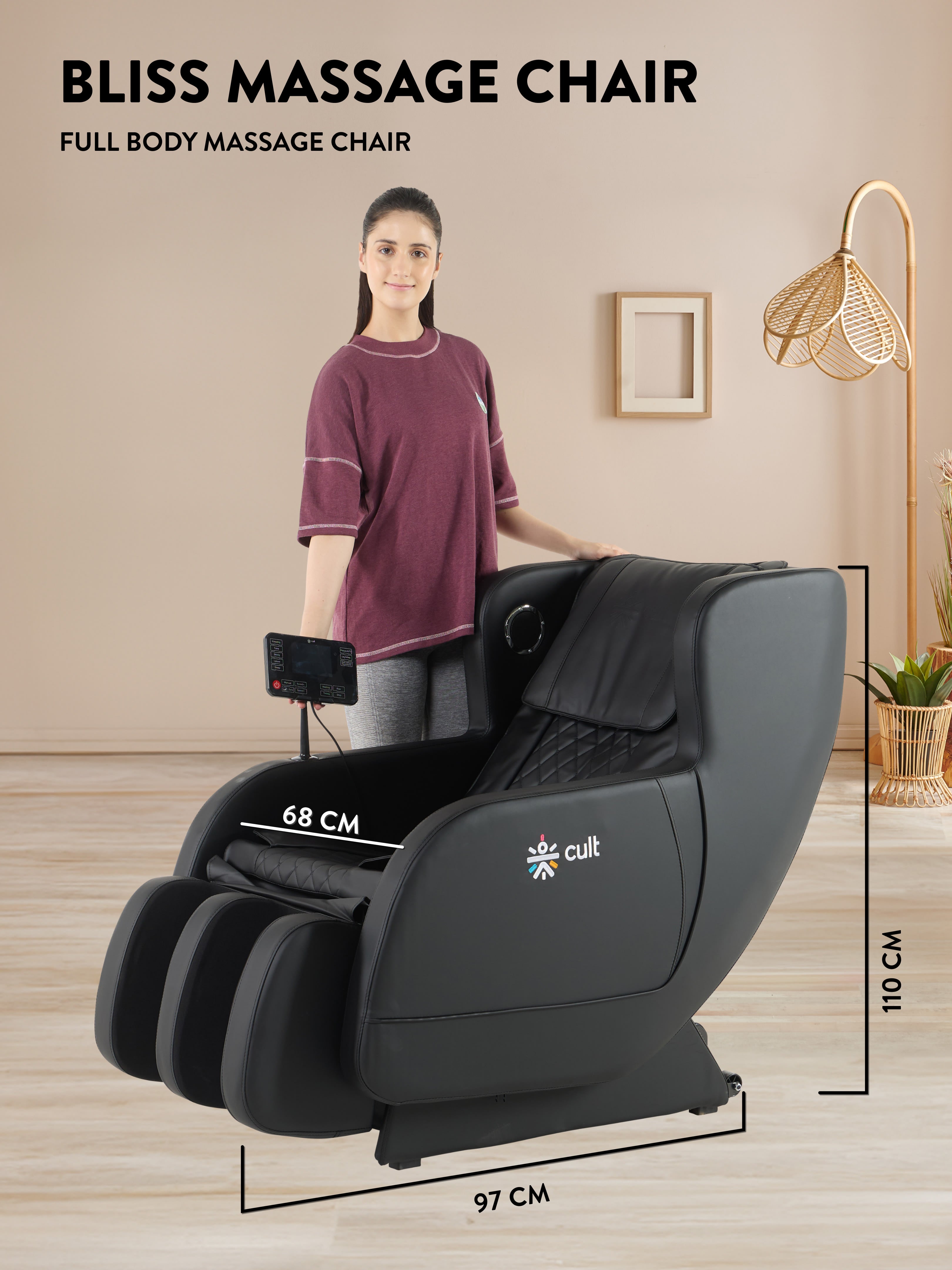 Cult BlissBlack Massage Chair with Fixed Point Massage Technique and Bluetooth AI Voice Function for Full Body Massage At Home