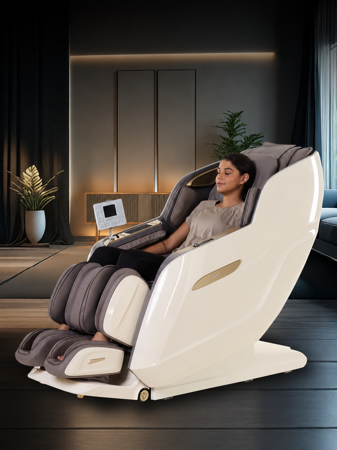 Cult Nirvana Advanced 4D Massage Chair with Leg Massager | Extended SL Track | 22 Auto Programs | Waist Heating | Zero-Gravity | AI Voice Control (Beige & White) - (6 Months extended Warranty)