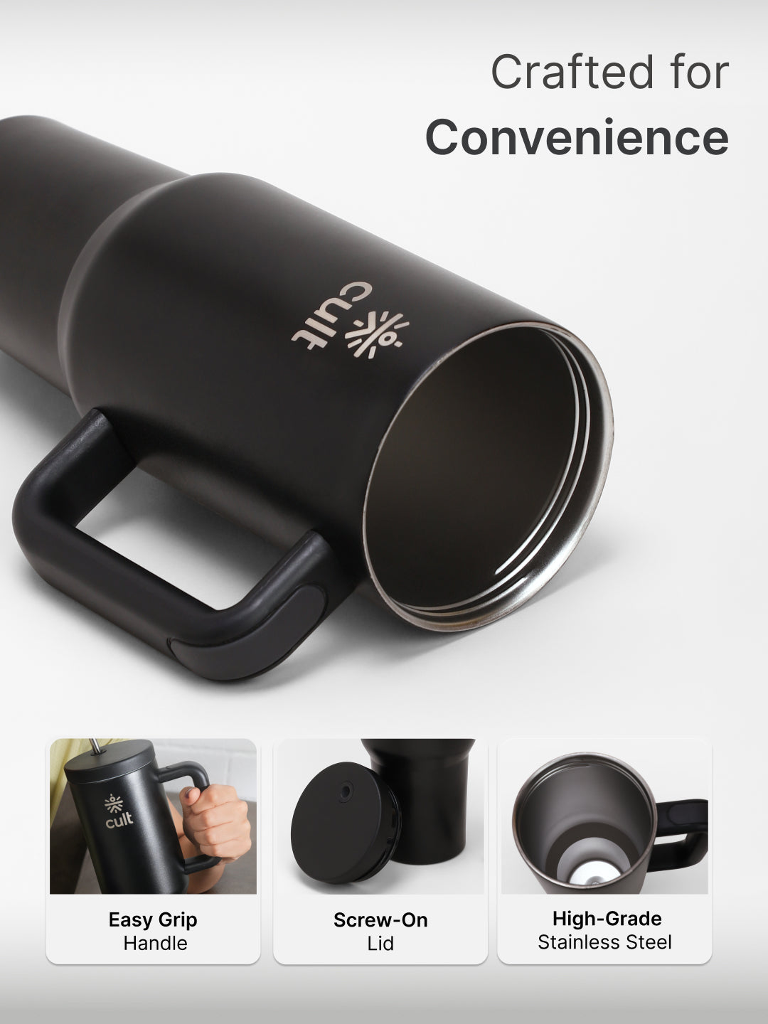 cult Tumbler 1200ML Steel Straw with Straw Cap and Cleaner Unisex Black