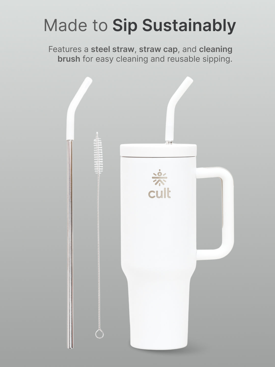 cult Tumbler 1200ML Steel Straw with Straw Cap and Cleaner Unisex White