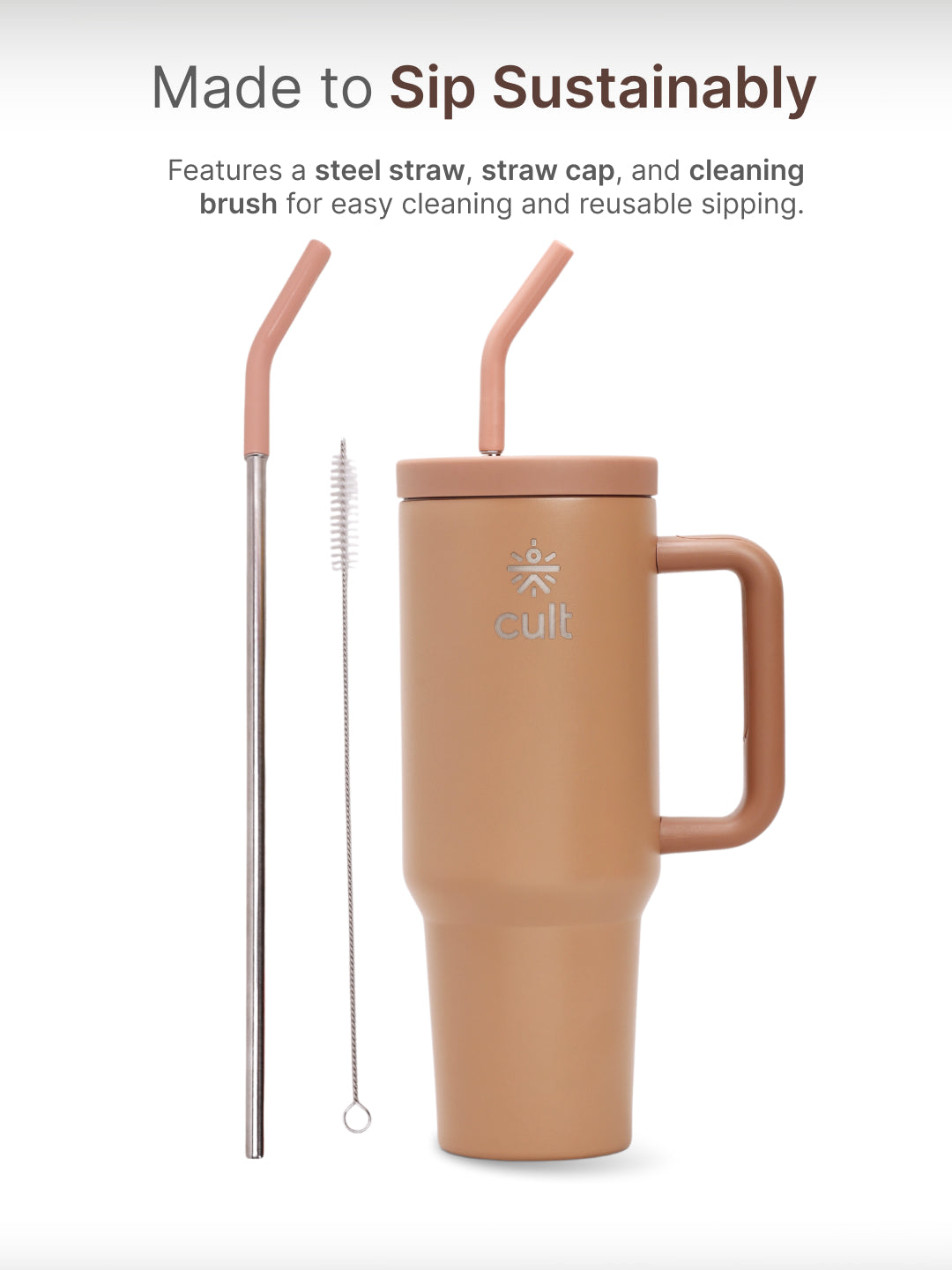 cult Tumbler 1200ML Steel Straw with Straw Cap and Cleaner Unisex Brown