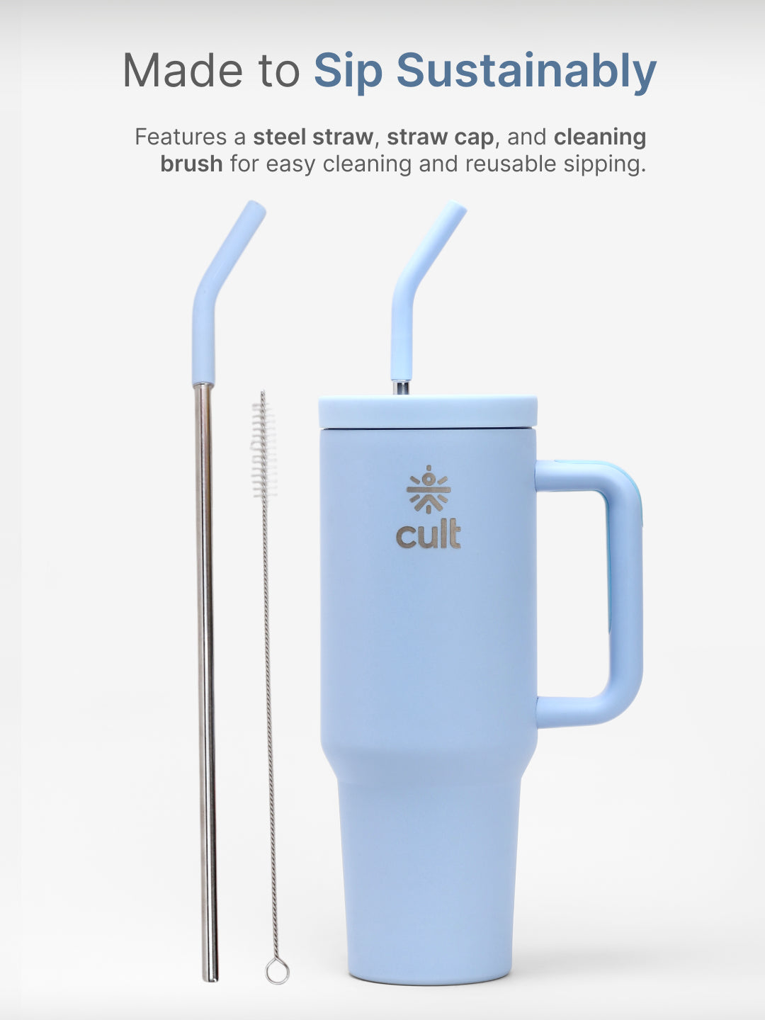 cult Tumbler 1200ML Steel Straw with Straw Cap and Cleaner Unisex Blue