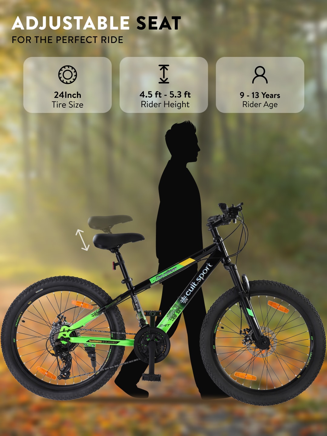 DAUNTLESS21S24TBLACKGREEN Steel 21 Speed Shimano Gear 24 inch Mountain Cycle, Dual Disc Brake, Front Suspension, Double Wall Rim