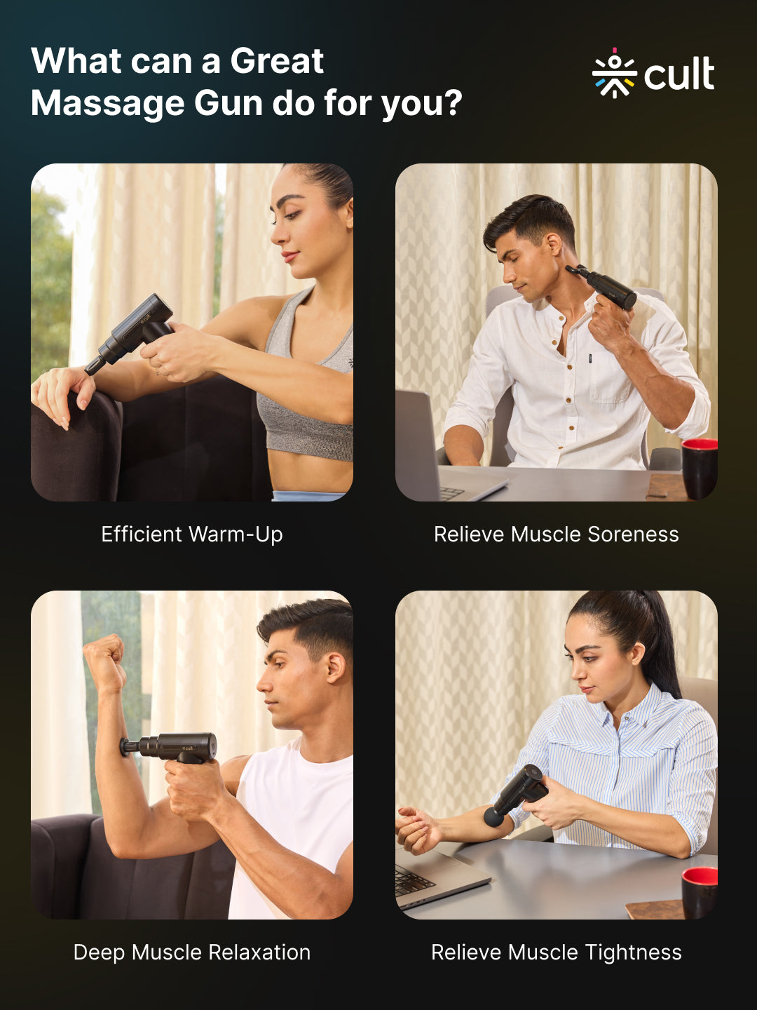Cult Volt, Full Body Professional Gun Massager, QuietMotion Tech, Deep Tissue Percussions, upto 4 hours of battery, 6 Speed levels, Silicone head, Lightweight, Carry Pouch.