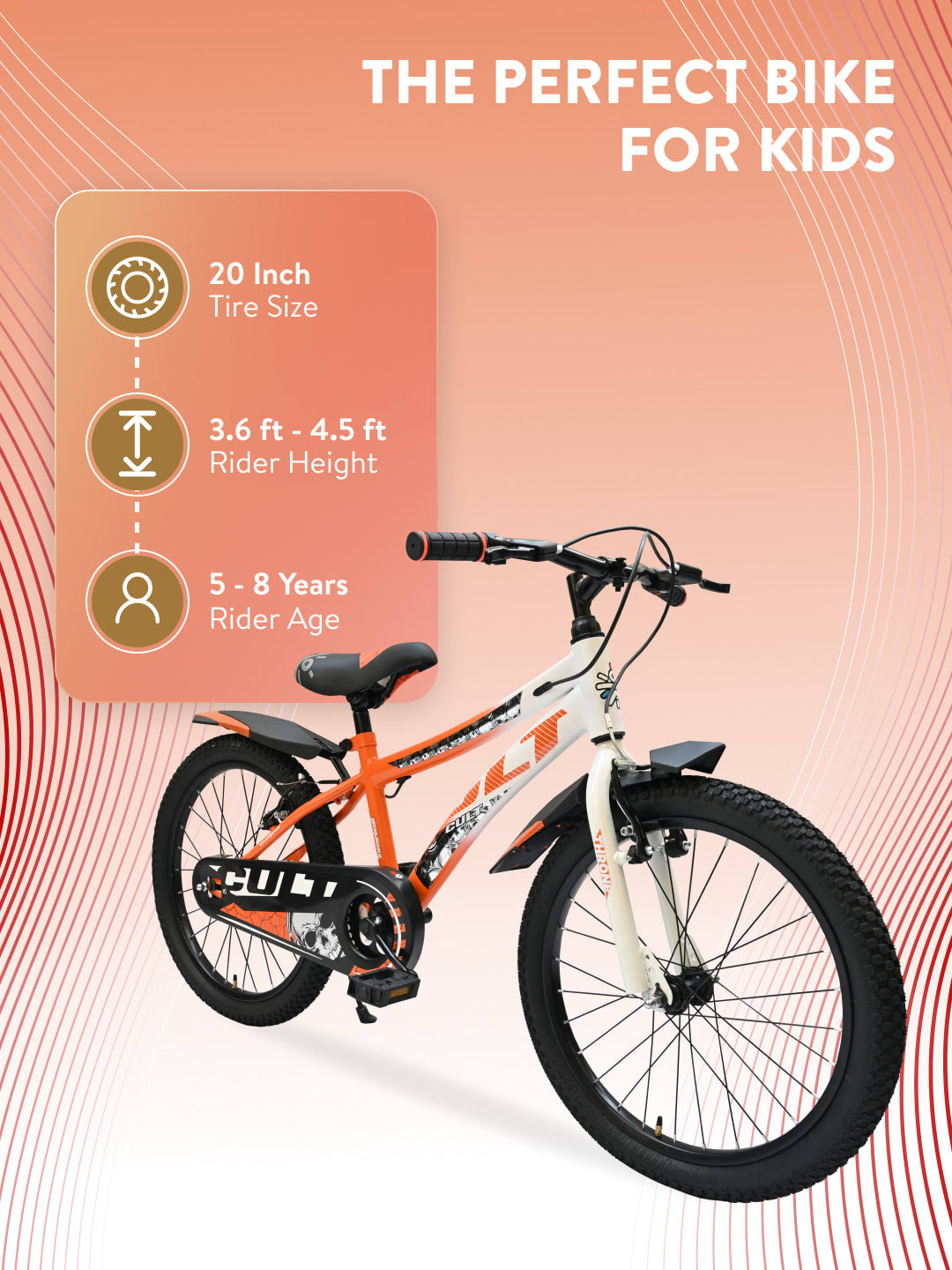 Throne 20T Steel Kids Bike with Rigid Fork, Single Wall Rim, V brakes and Chain Guard Orange White