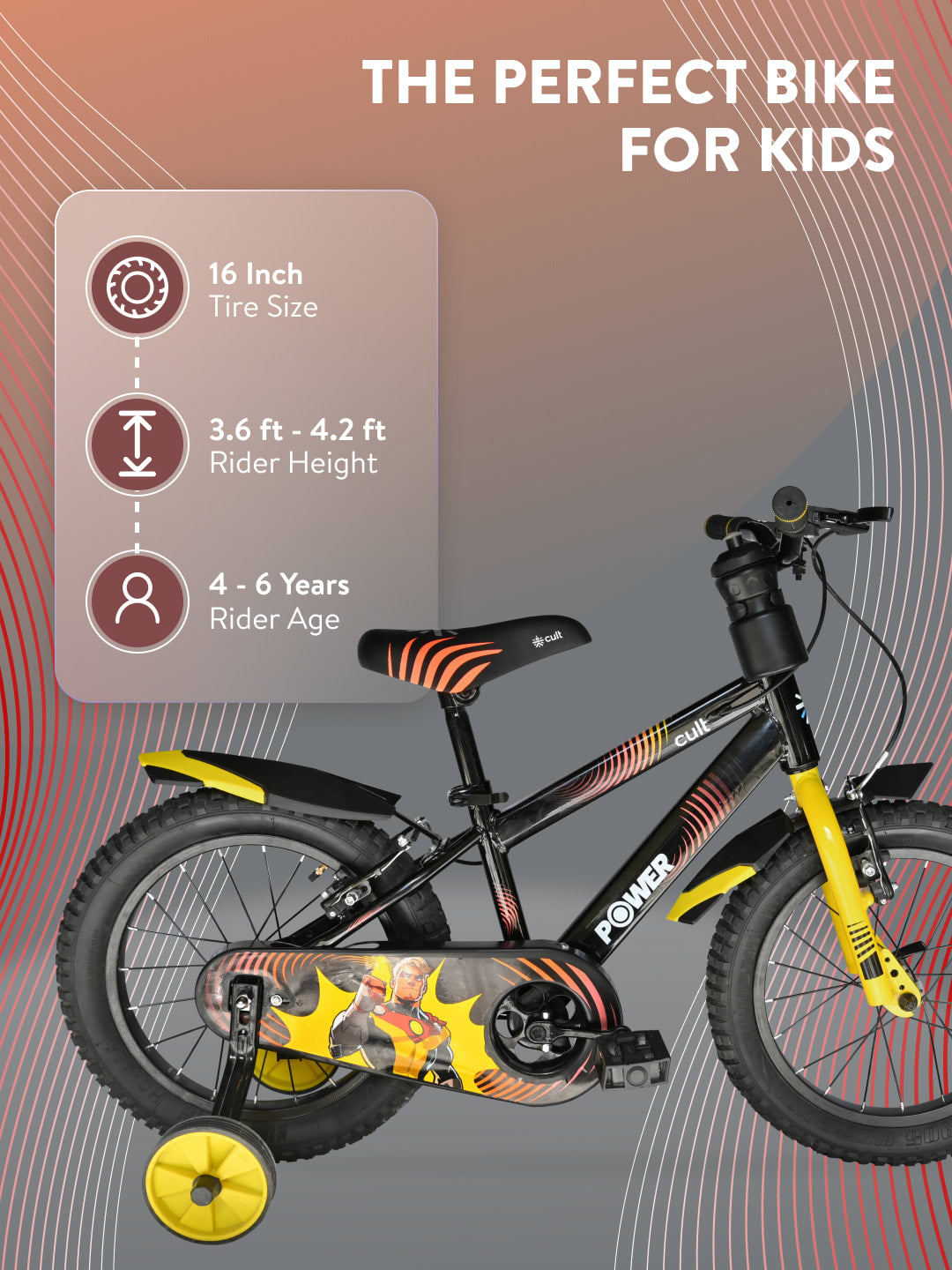 Power 16T Black Steel Kids Bike with Single Wall Rim, Rigid Fork and Free Trainer Sessions and Cycling Event