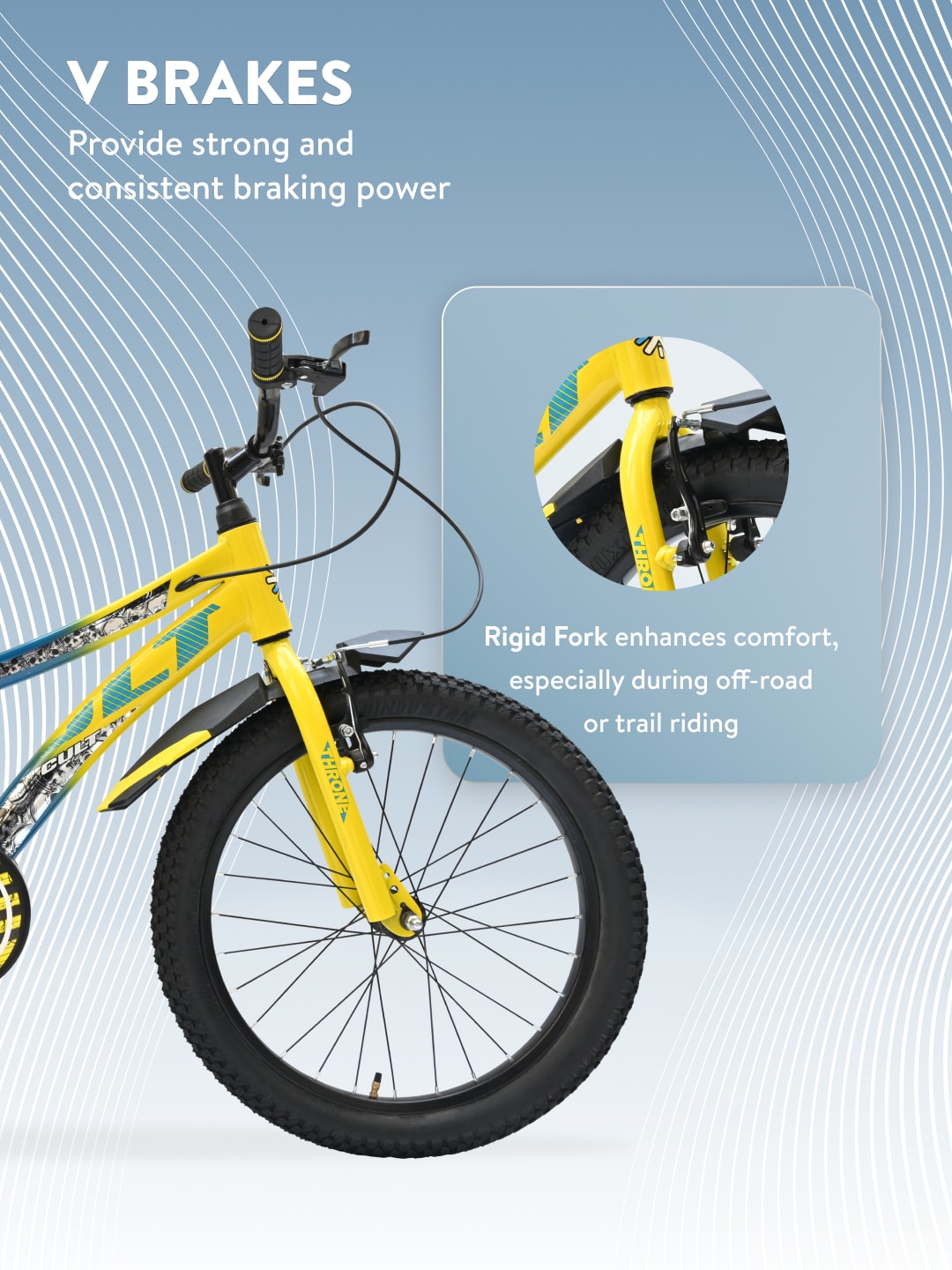Throne 20T Steel Kids Bike with Rigid Fork, Single Wall Rim, V brakes and Chain Guard Yellow Blue