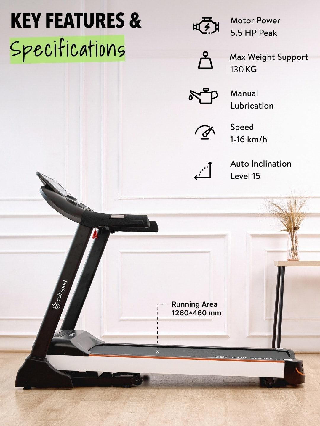Smartrun Carson 5.5 HP Peak Treadmill | 15-level Auto-Incline | Max Weight-130kg | Max Speed-16kmph (with 6 Months Extended Warranty)