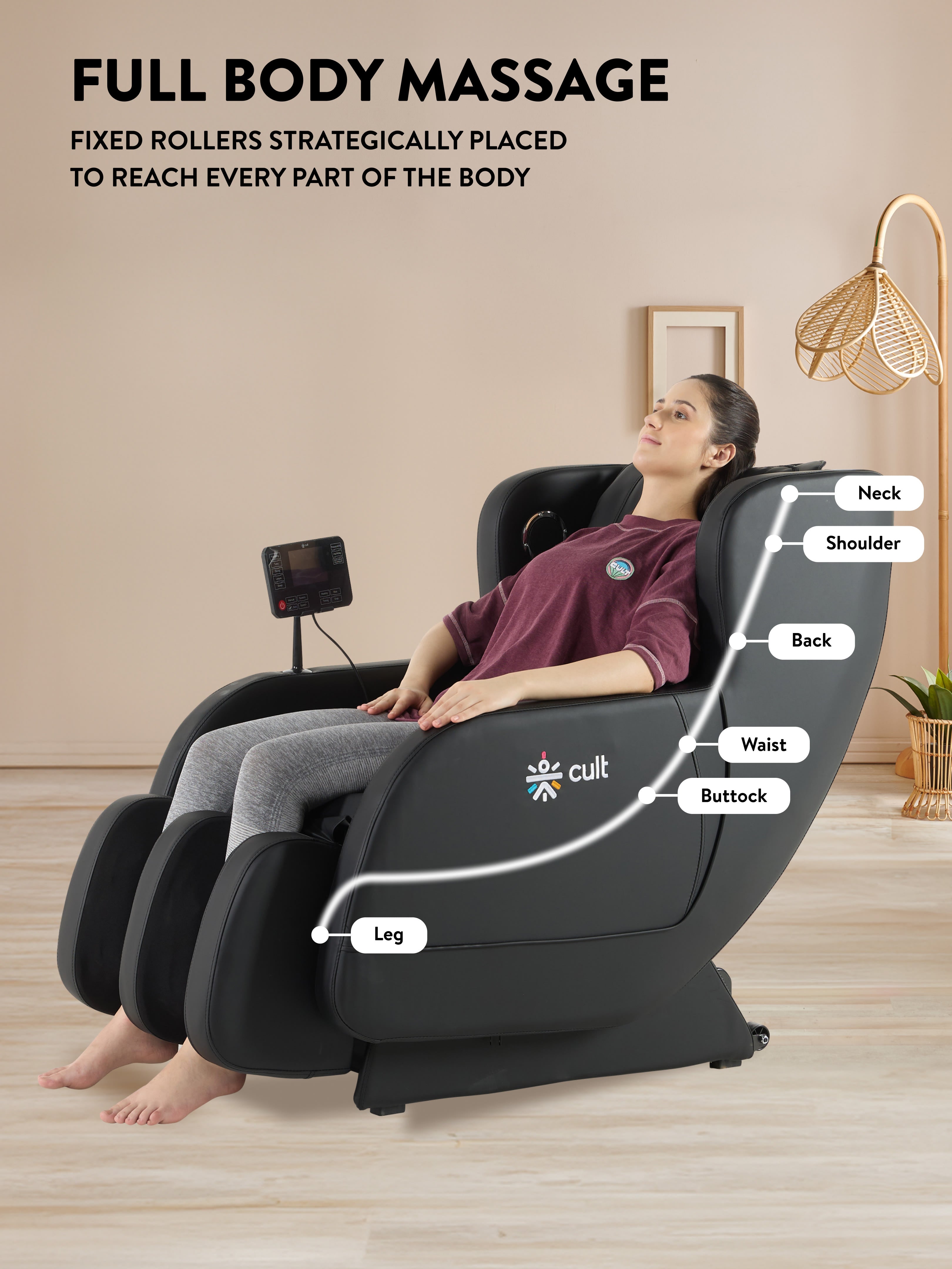 Cult BlissBlack Massage Chair with Fixed Point Massage Technique and Bluetooth AI Voice Function for Full Body Massage At Home