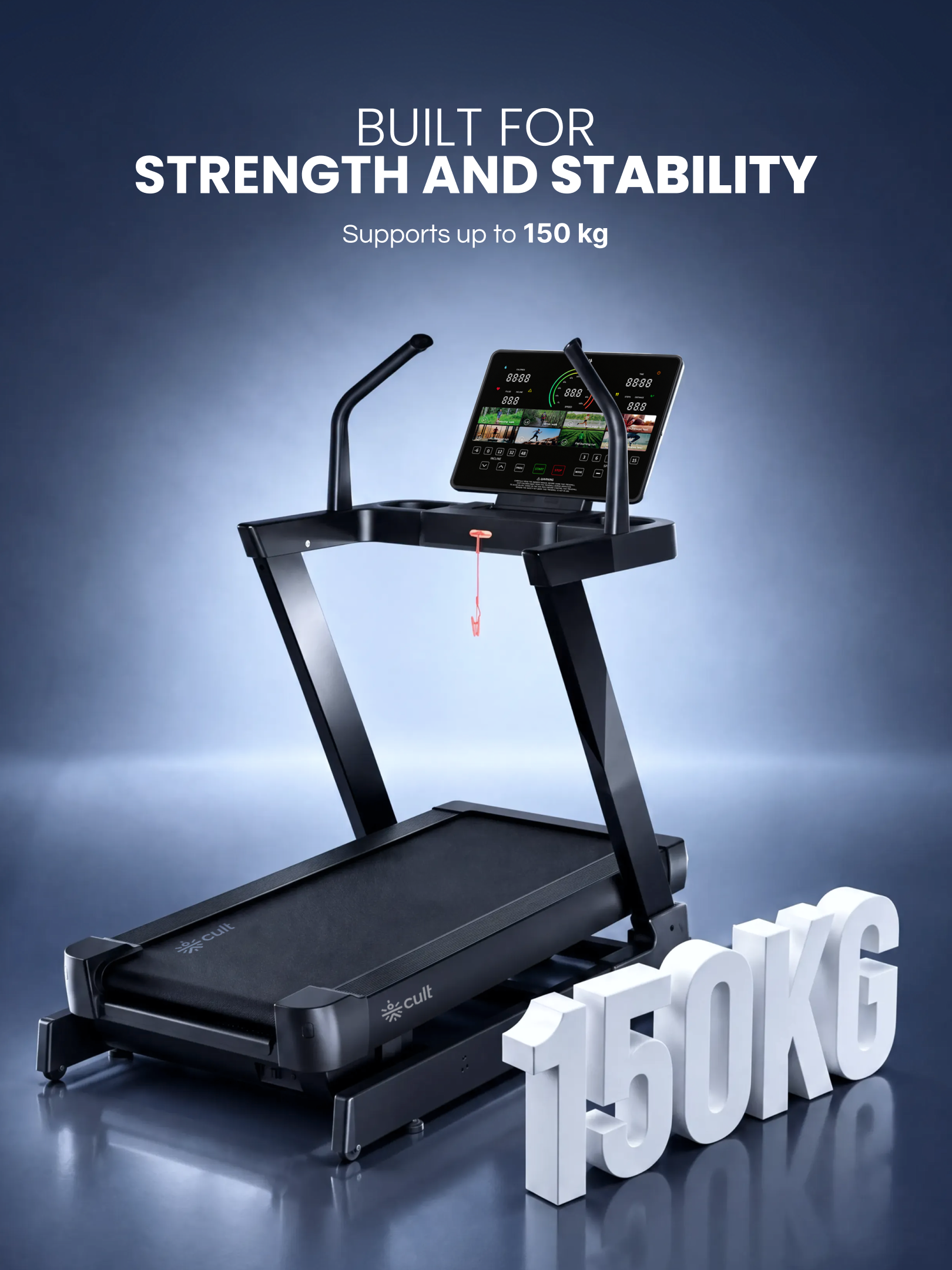 Cult Optima 8 HP DC Motorized Treadmill | 48 Levels Incline & 6 Level Decline| Max Speed - 22 km/hr | Max Weight - 150kgs | Shock Absorption for Knee Protection | LED Touchscreen | Wireless Charging | Black