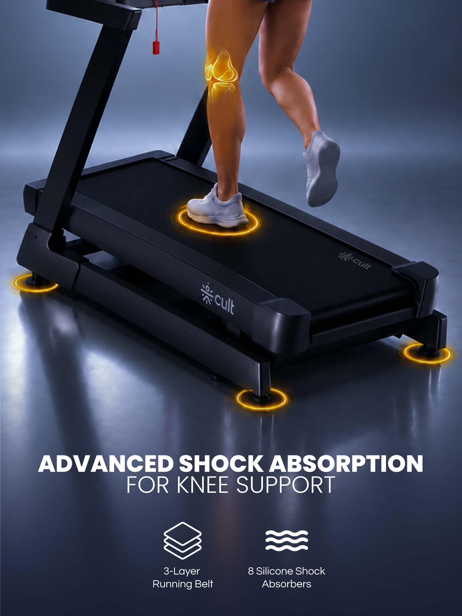 Cult Optima 8 HP DC Motorized Treadmill | 48 Levels Incline & 6 Level Decline| Max Speed - 22 km/hr | Max Weight - 150kgs | Shock Absorption for Knee Protection | LED Touchscreen | Wireless Charging | Black