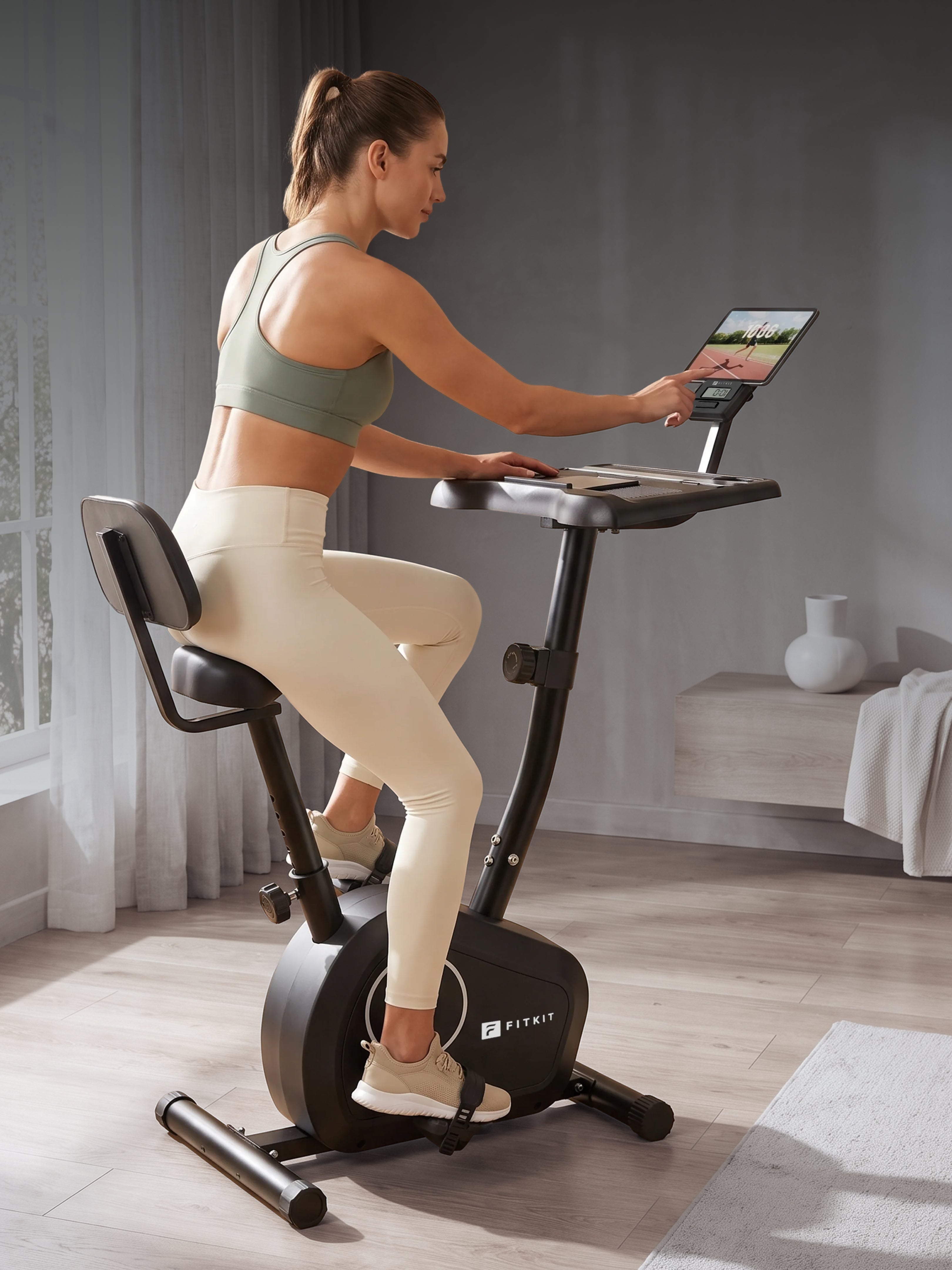 FITKIT by Cult Spindesk Upright Exercise Bike | 8-Levels Magnetic Resistance | 120 Kg Max User Weight| Adjustable Seat | LCD Display | Tablet Holder & Water Bottle Holder | Perfect for Home Workout