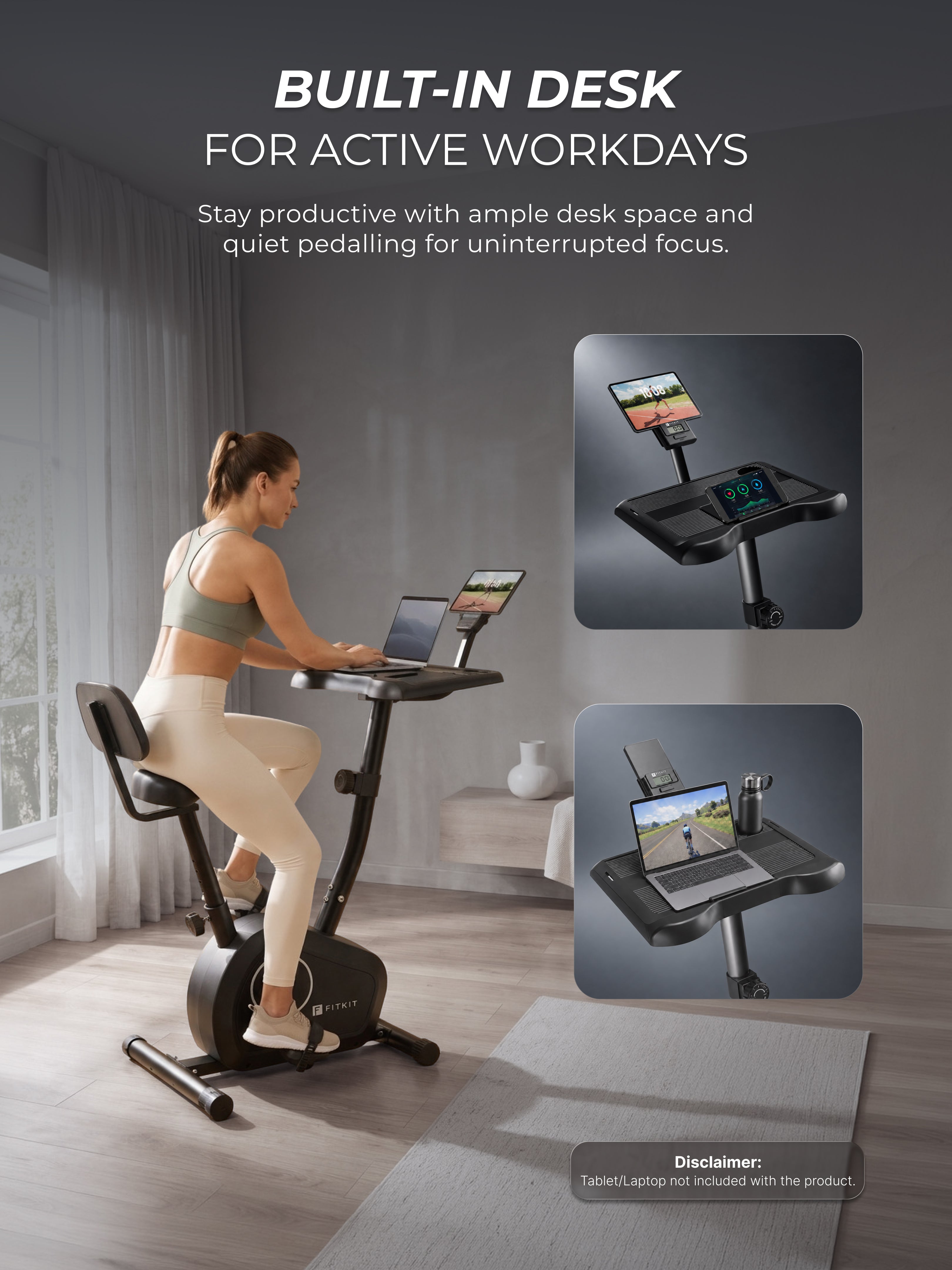 FITKIT by Cult Spindesk Upright Exercise Bike | 8-Levels Magnetic Resistance | 120 Kg Max User Weight| Adjustable Seat | LCD Display | Tablet Holder & Water Bottle Holder | Perfect for Home Workout