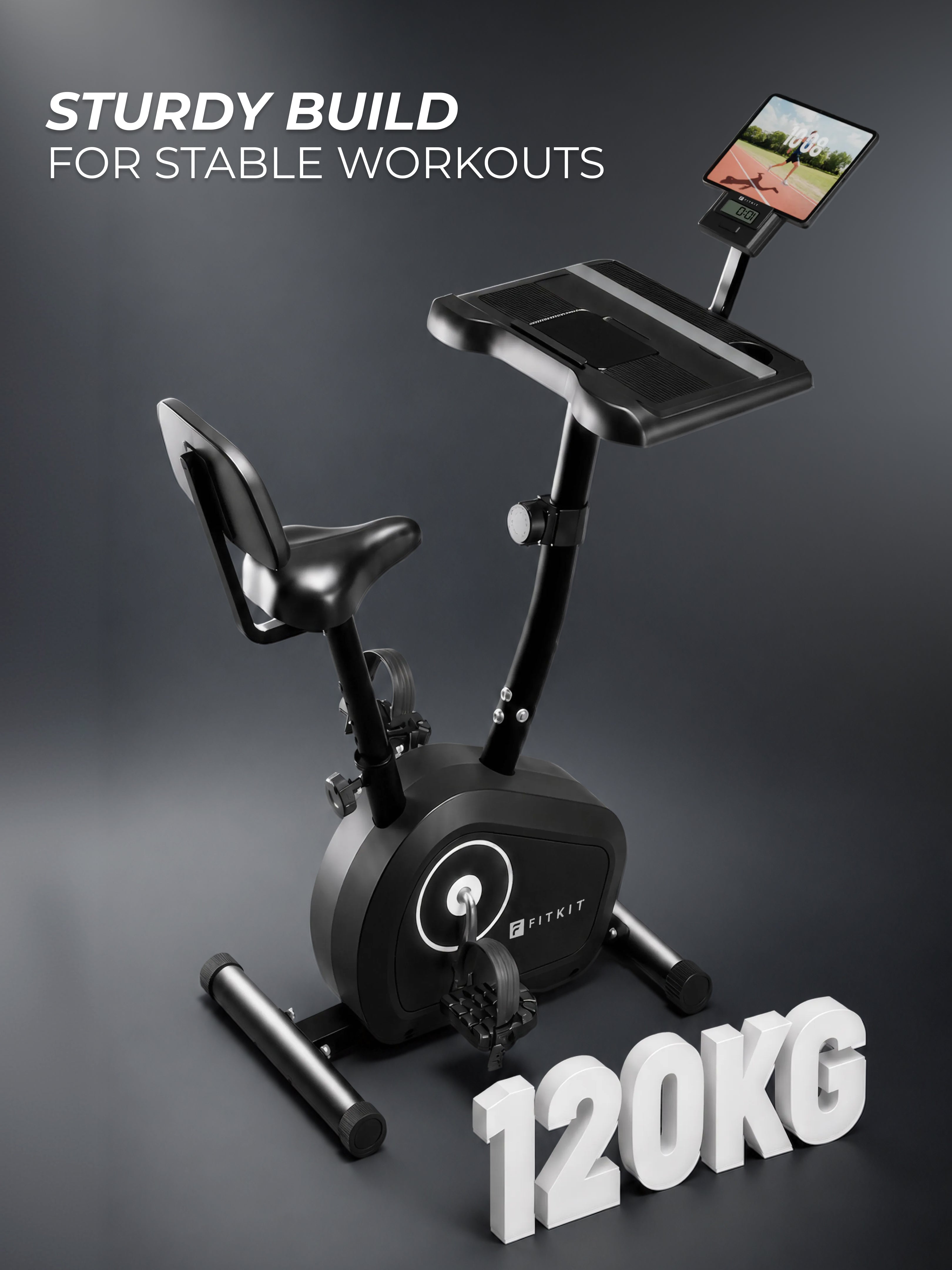 FITKIT by Cult Spindesk Upright Exercise Bike | 8-Levels Magnetic Resistance | 120 Kg Max User Weight| Adjustable Seat | LCD Display | Tablet Holder & Water Bottle Holder | Perfect for Home Workout