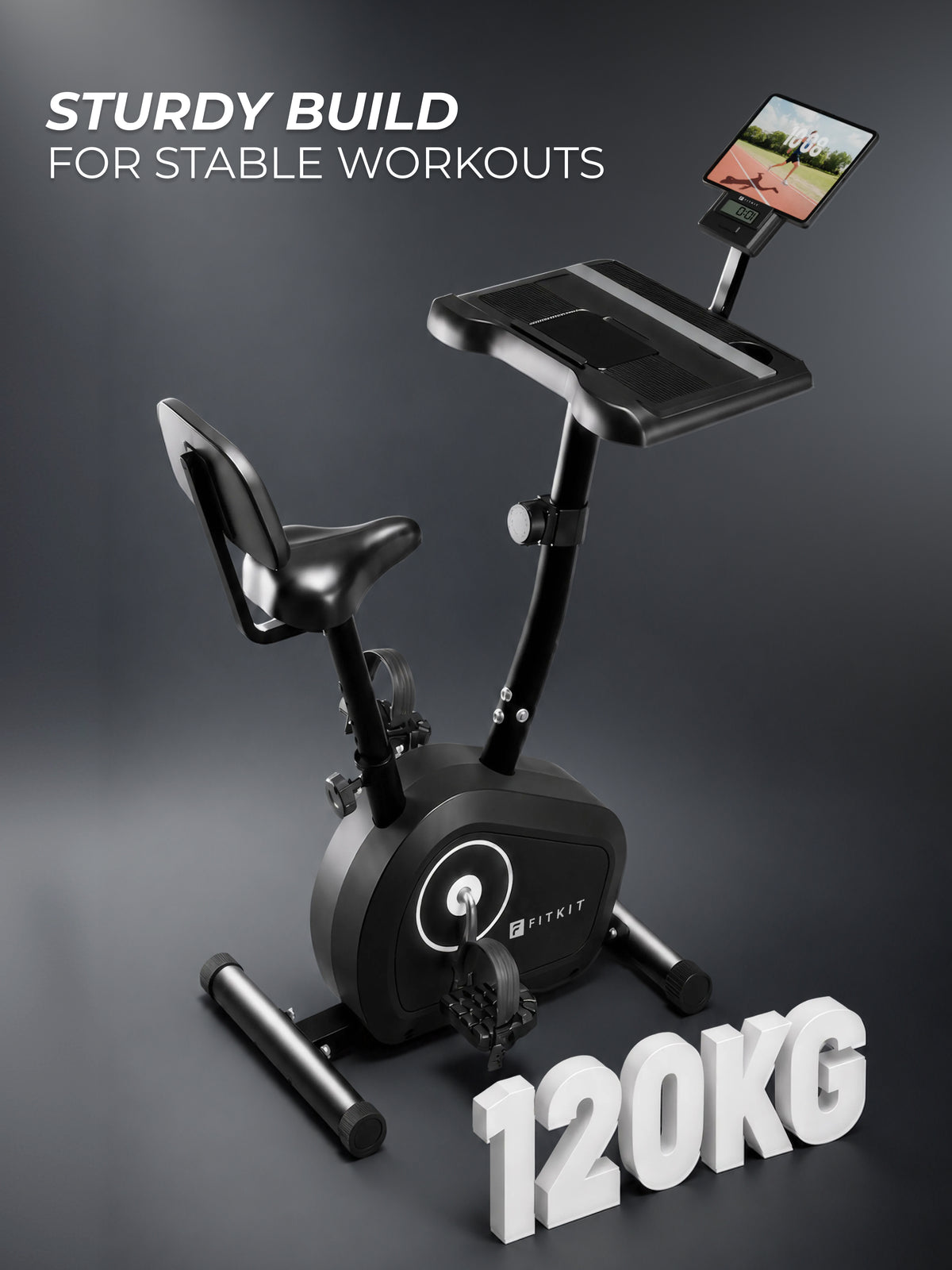 FITKIT by Cult Spindesk Upright Exercise Bike | 8-Levels Magnetic Resistance | 120 Kg Max User Weight| Adjustable Seat | LCD Display | Tablet Holder & Water Bottle Holder | Perfect for Home Workout