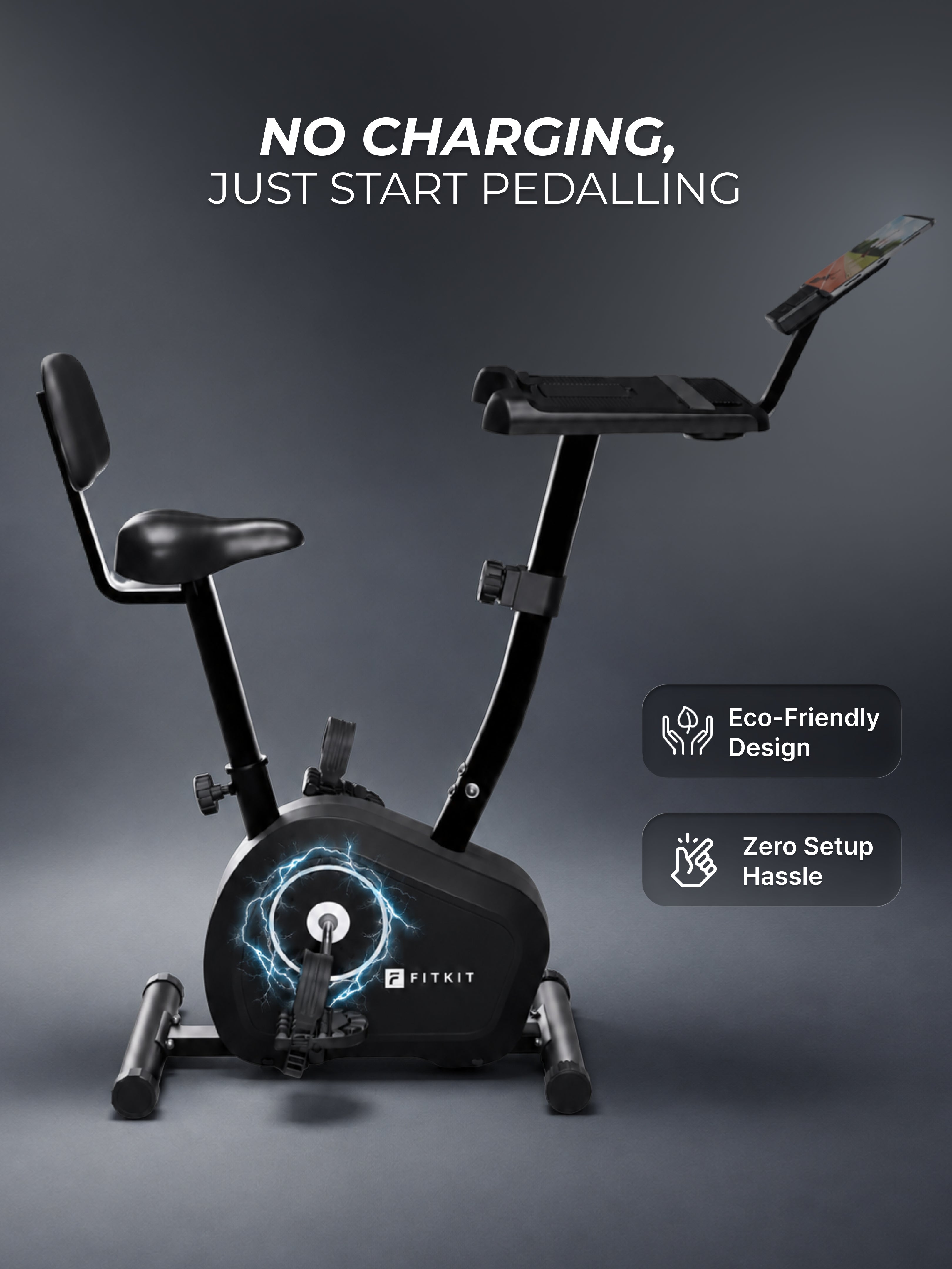 FITKIT by Cult Spindesk Upright Exercise Bike | 8-Levels Magnetic Resistance | 120 Kg Max User Weight| Adjustable Seat | LCD Display | Tablet Holder & Water Bottle Holder | Perfect for Home Workout