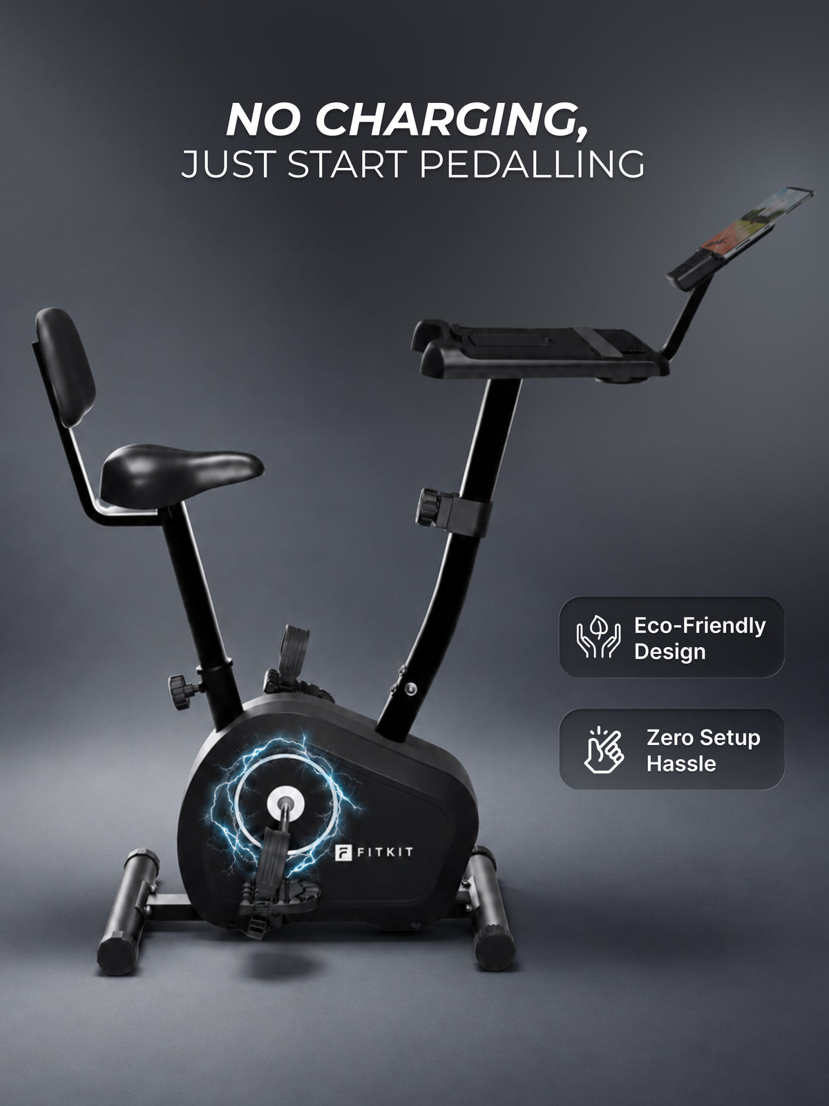 FITKIT by Cult Spindesk Upright Exercise Bike | 8-Levels Magnetic Resistance | 120 Kg Max User Weight| Adjustable Seat | LCD Display | Tablet Holder & Water Bottle Holder | Perfect for Home Workout