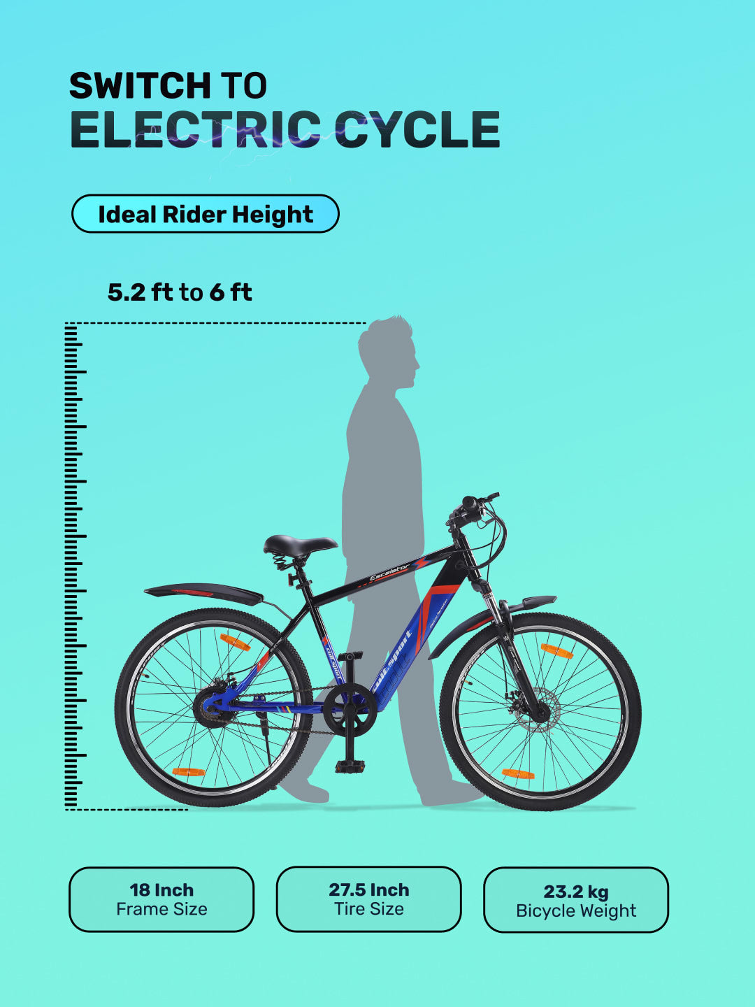 ESCALATOR 27.5T BLUE with 250W BLDC Motor| 4 Hours Fast Charge| 7.8 Ah Li-ion Battery| Up to 35 Km| 27.5 Inches Wheels| Single Speed Electric Cycle | Ideal for 15+ Years