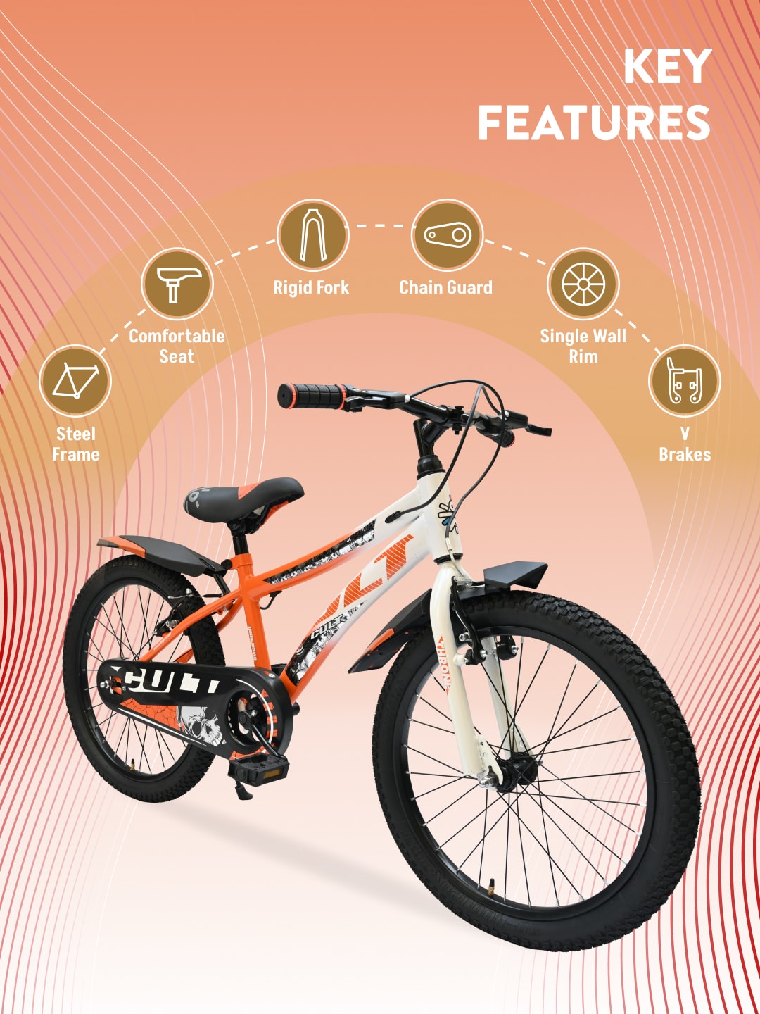 Throne 20T Steel Kids Bike with Rigid Fork, Single Wall Rim, V brakes and Chain Guard Orange White