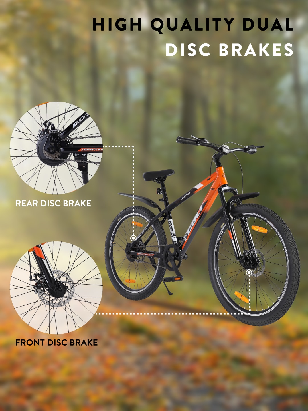 DAUNTLESS26TORANGEBLACK Steel Single Speed 26 inch Mountain Cycle, Dual Disc Brake, Front Suspension, Double Wall Rim