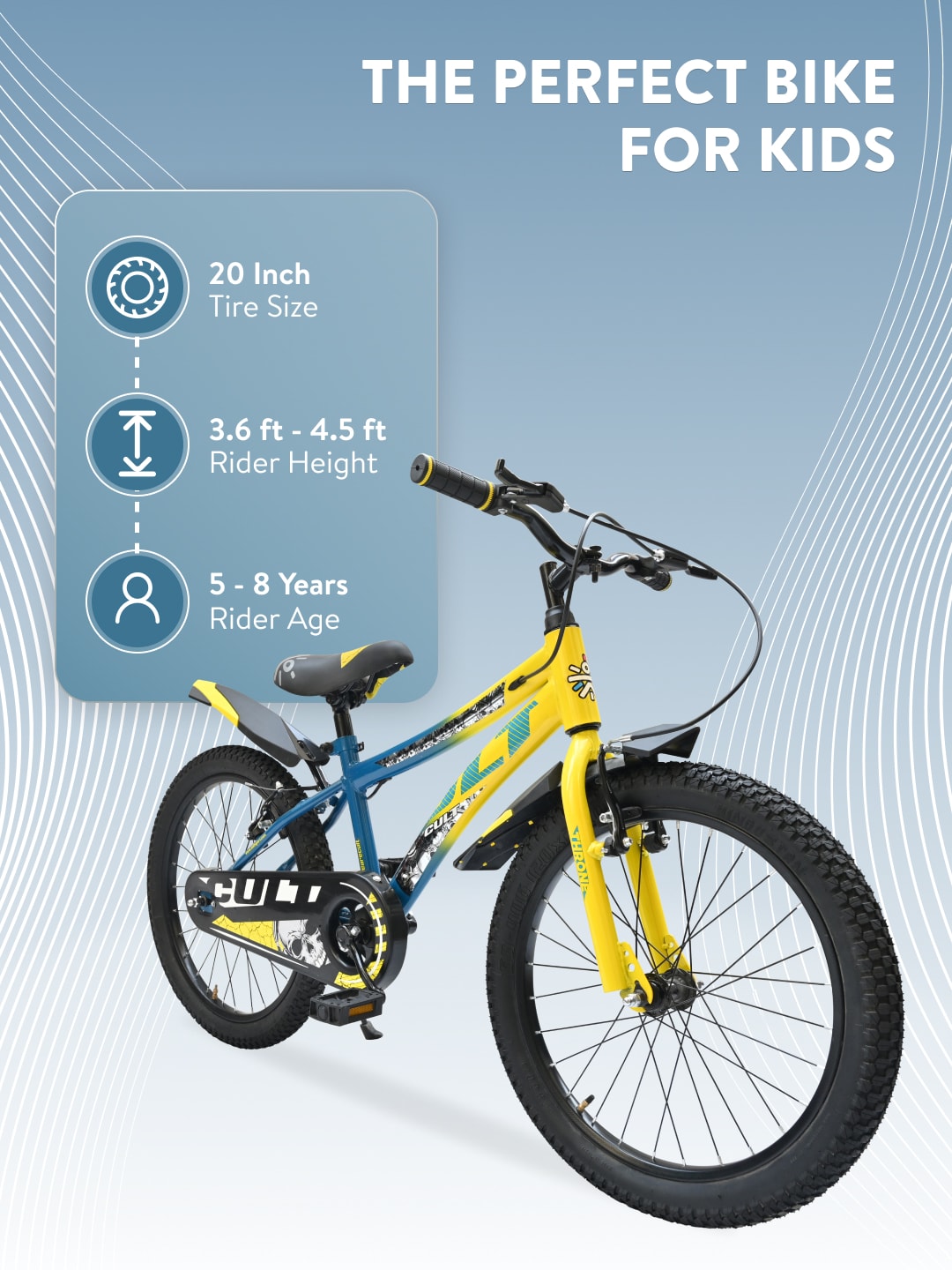 Throne 20T Steel Kids Bike with Rigid Fork, Single Wall Rim, V brakes and Chain Guard Yellow Blue