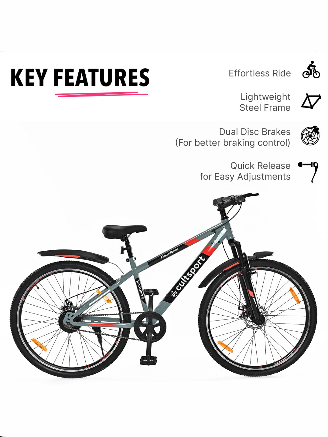 Dauntless29Grey Steel Single Speed 27.5 inch Mountain Cycle, Front Suspension, Double Wall Rim, Free Trainer Sessions, Cycling Event