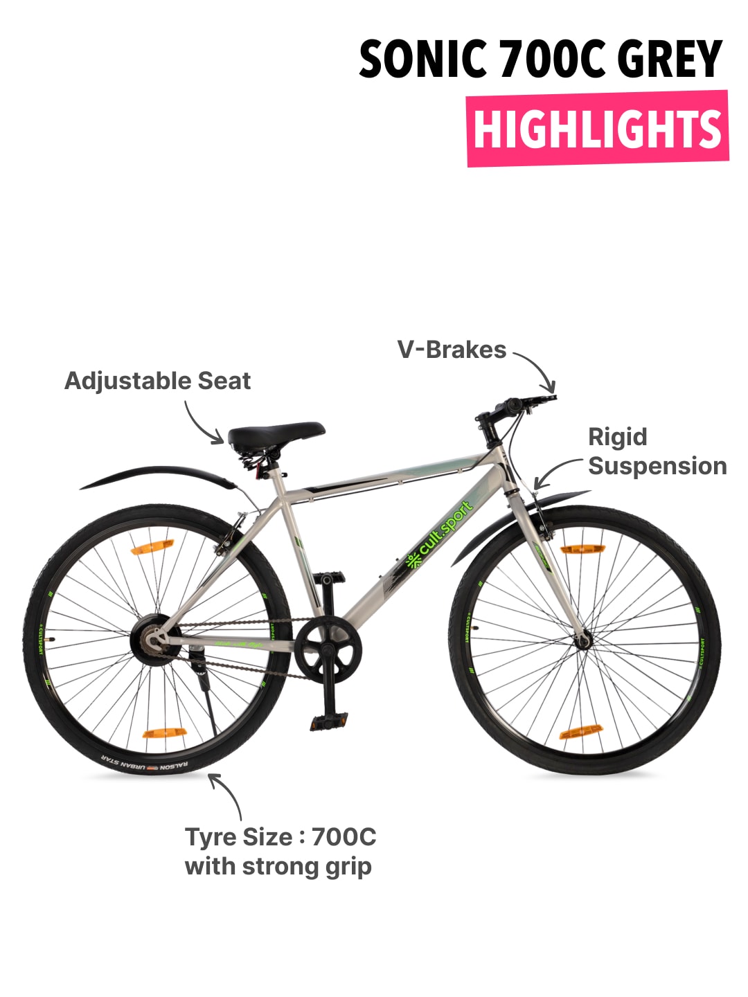 Sonic700CGrey Steel Single Speed 700CCity Bike