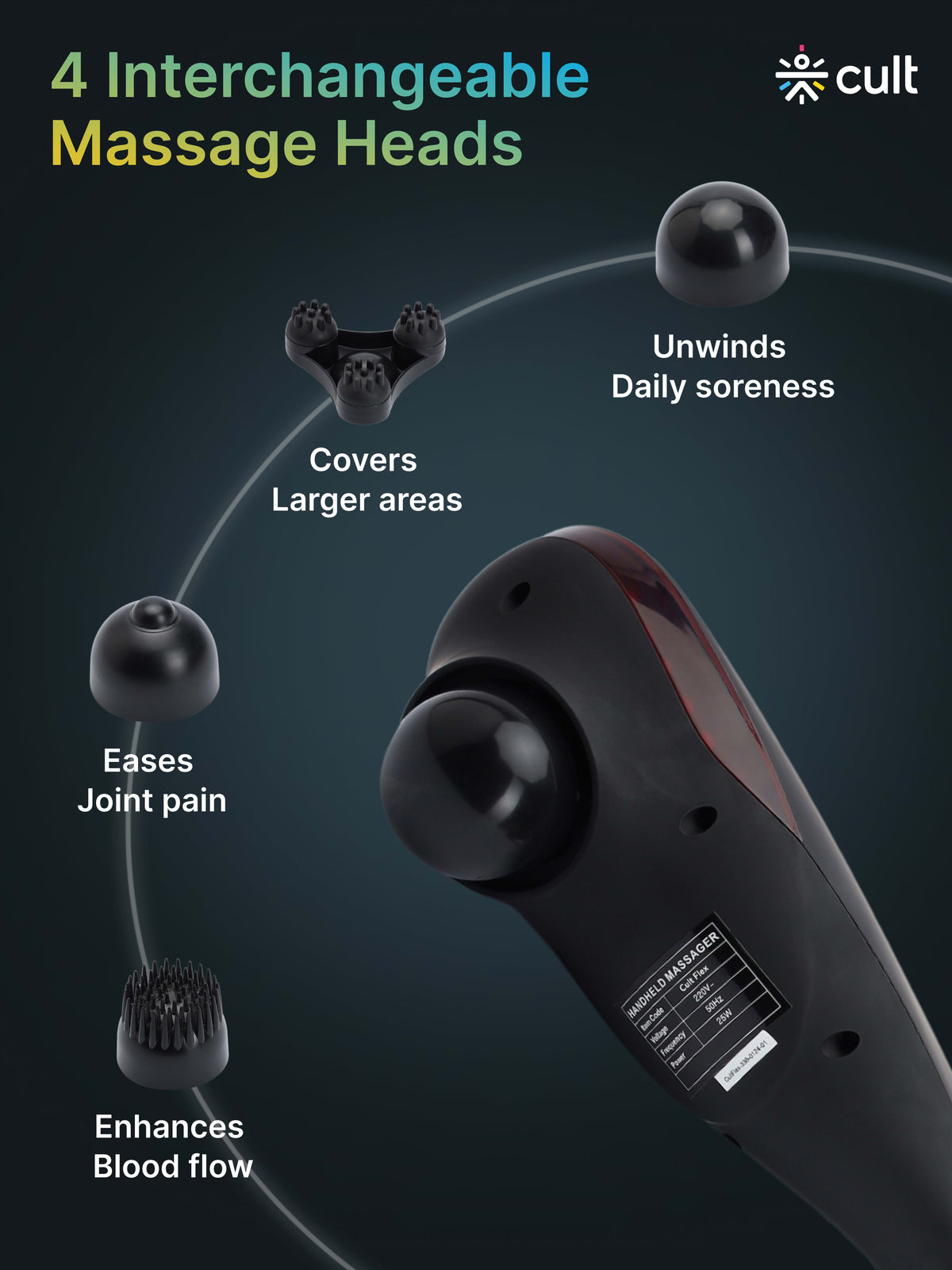 Cult Flex Corded Electric Handheld Full Body Massager with 4 Interchangeable Heads and Adjustable Speed Settings for Pain Relief and Relaxation