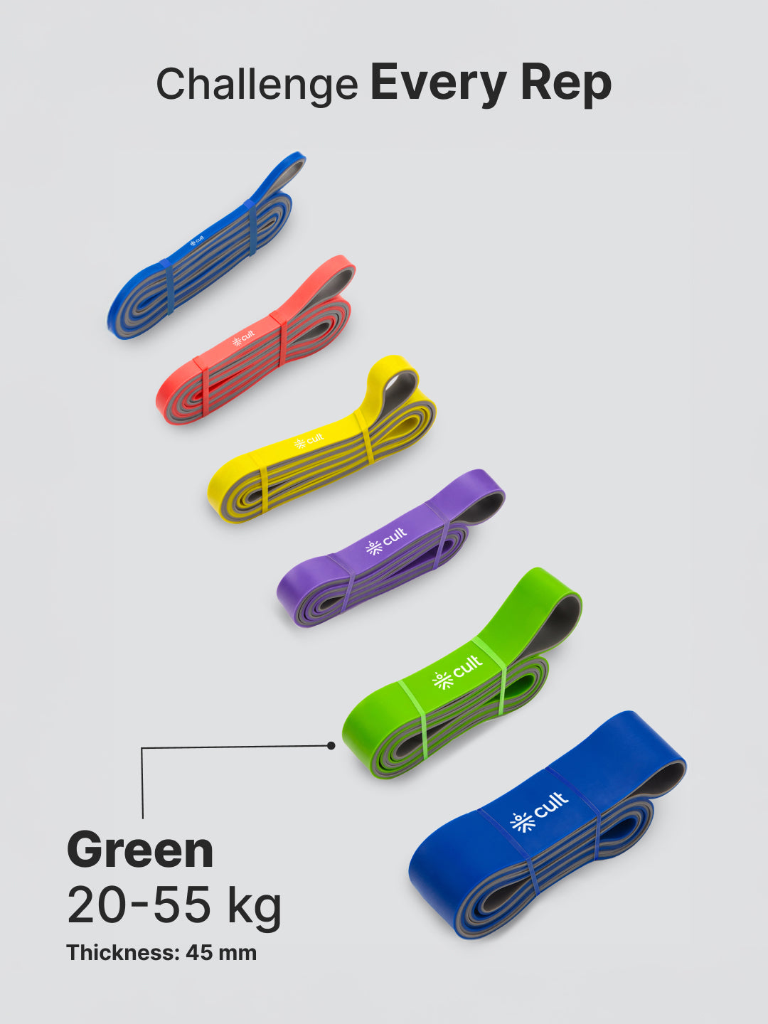 cult Resistance Band(20-55kgs Resistance) for Men & Women Green Grey