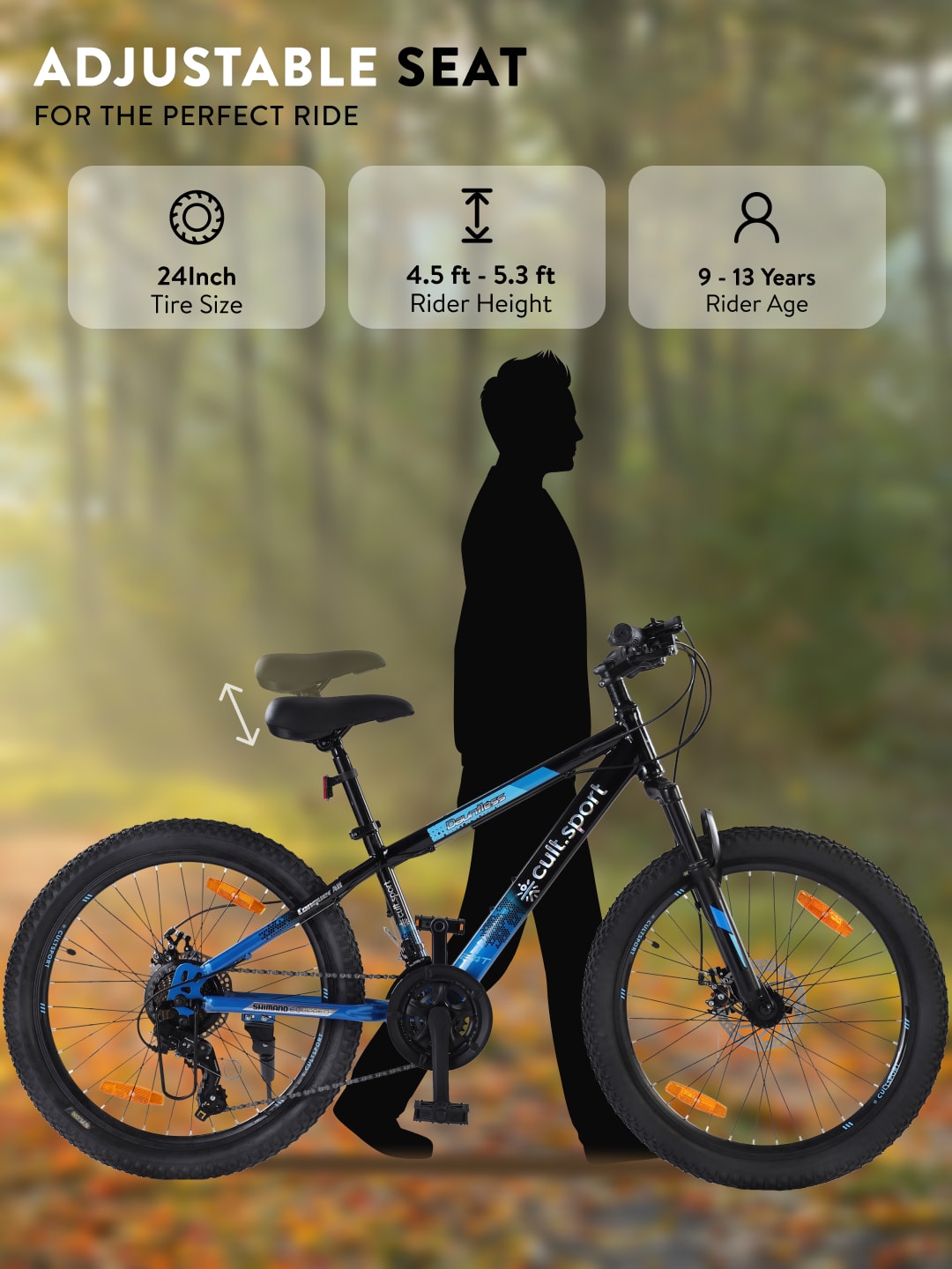 Dauntless 24T Steel Mountain Bike – 21 Speed Shimano Gear, Dual Disc Brake, Front Suspension (Black/Blue)