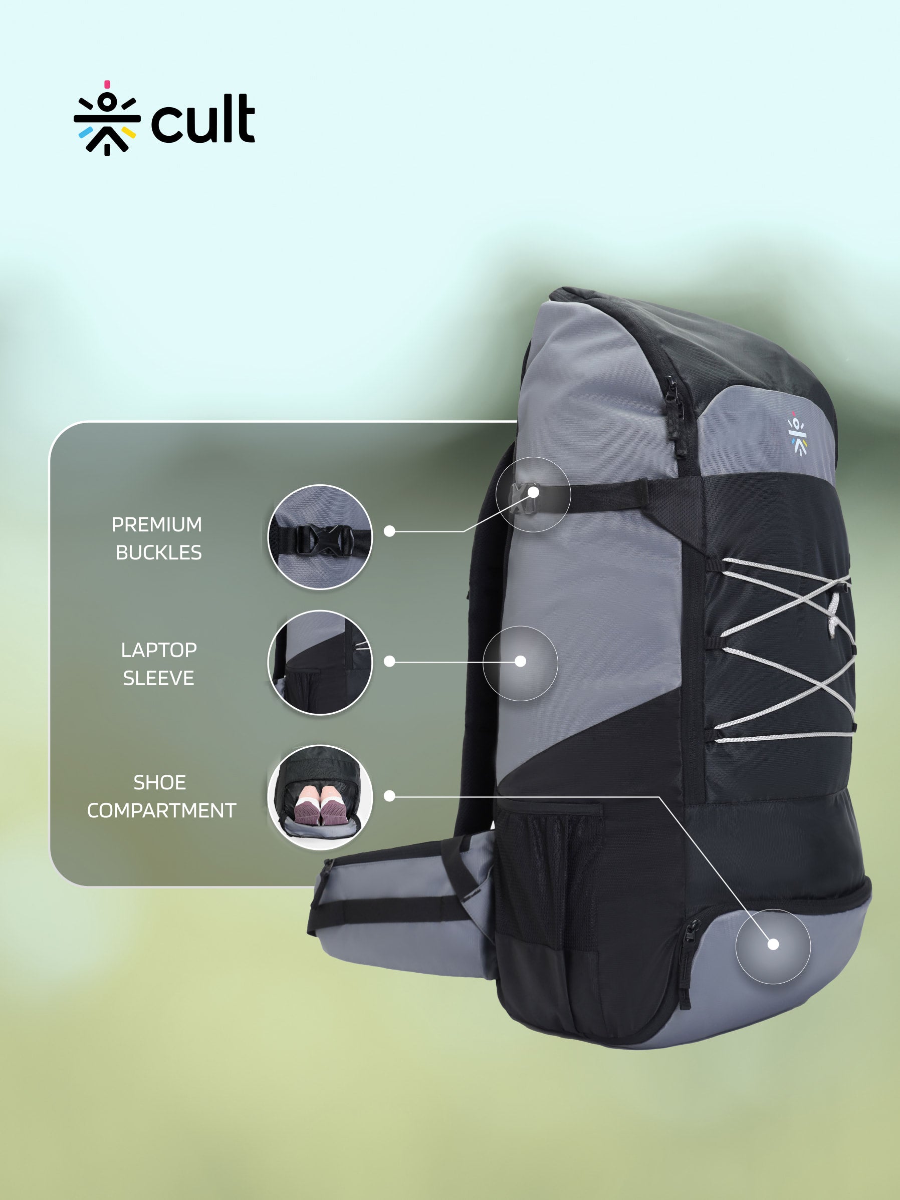cult 65 Litre Travel Backpack Hiking Trekking Bag Camping Rucksack with Water Proof Rain Cover, Shoe Compartment Grey&nbsp;