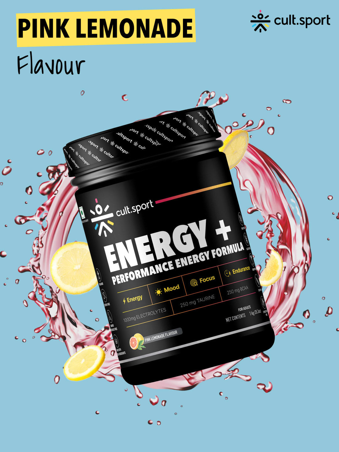 Energy + Powder 1Kg | 1000 mg Electrolytes, 250 mg Taurine, 250 mg BCAA | Instant Hydration, restore electrolytes with 0 cholesterol | Pink Lemonade Flavour