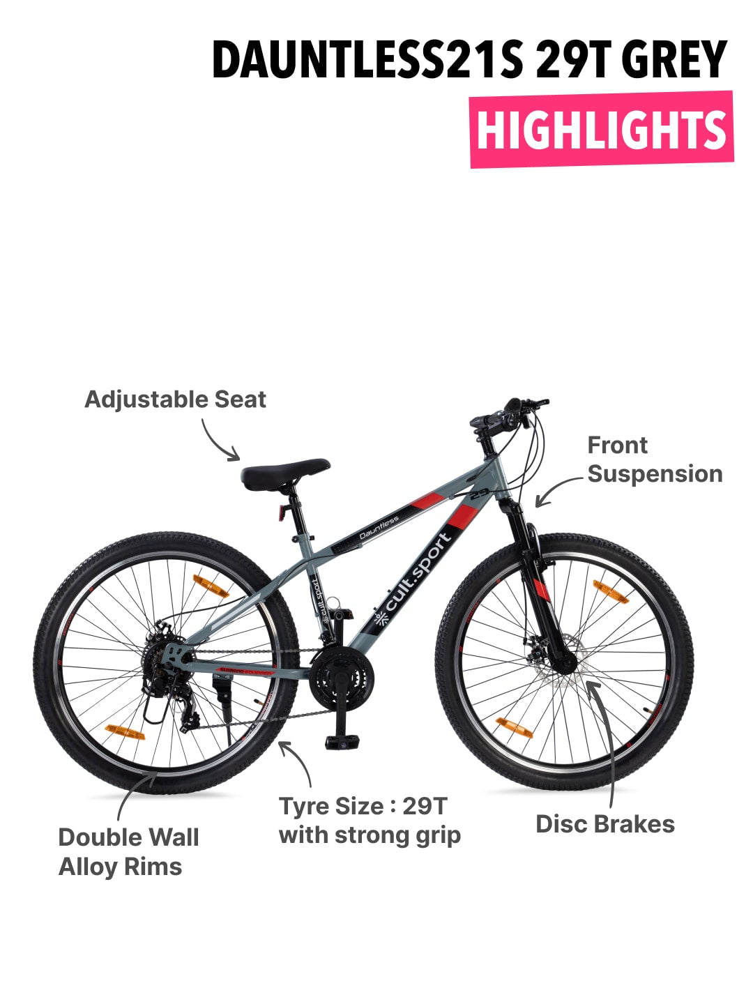 DAUNTLESS21S29TGREYSteel 21 Speed Shimano Gear 29 inch Mountain Cycle, Dual Disc Brake, Front Suspension and Double Wall Rim