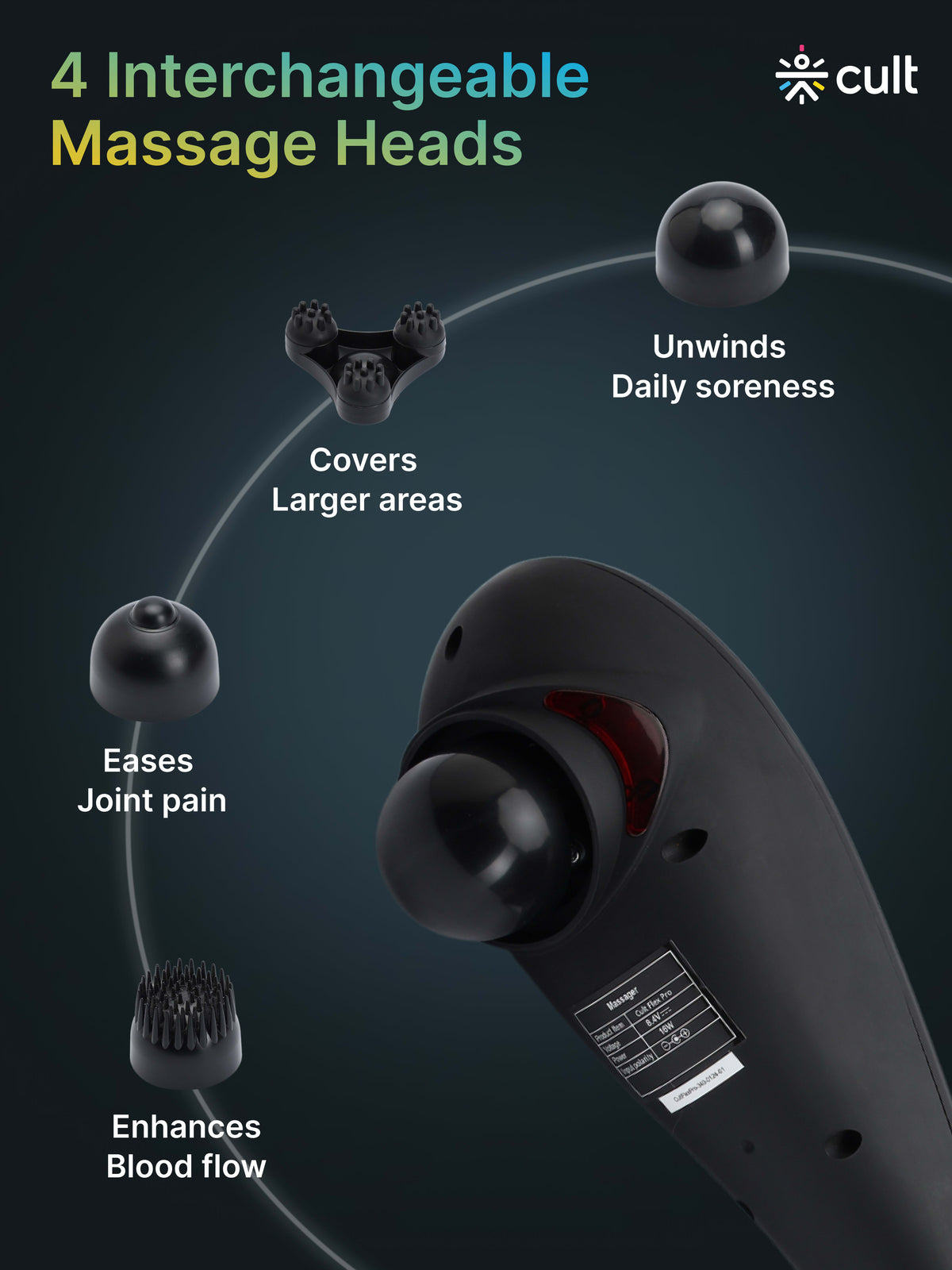 Cult Flex Pro Cordless Electric Handheld Full Body Massager with 4 Interchangeable Heads, 6 modes, and 6 Adjustable Speed Settings for Pain Relief and Relaxation