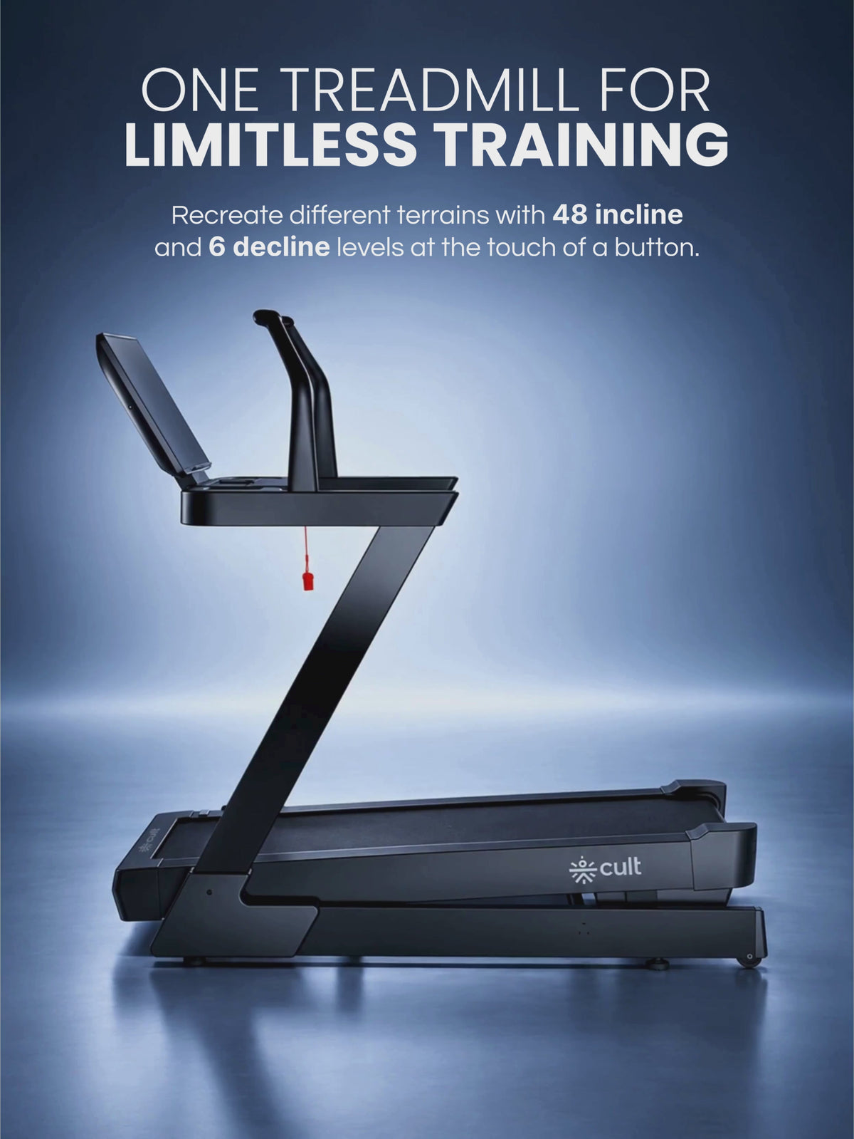Cult Optima 8 HP DC Motorized Treadmill | 48 Levels Incline & 6 Level Decline| Max Speed - 22 km/hr | Max Weight - 150kgs | Shock Absorption for Knee Protection | LED Touchscreen | Wireless Charging | Black